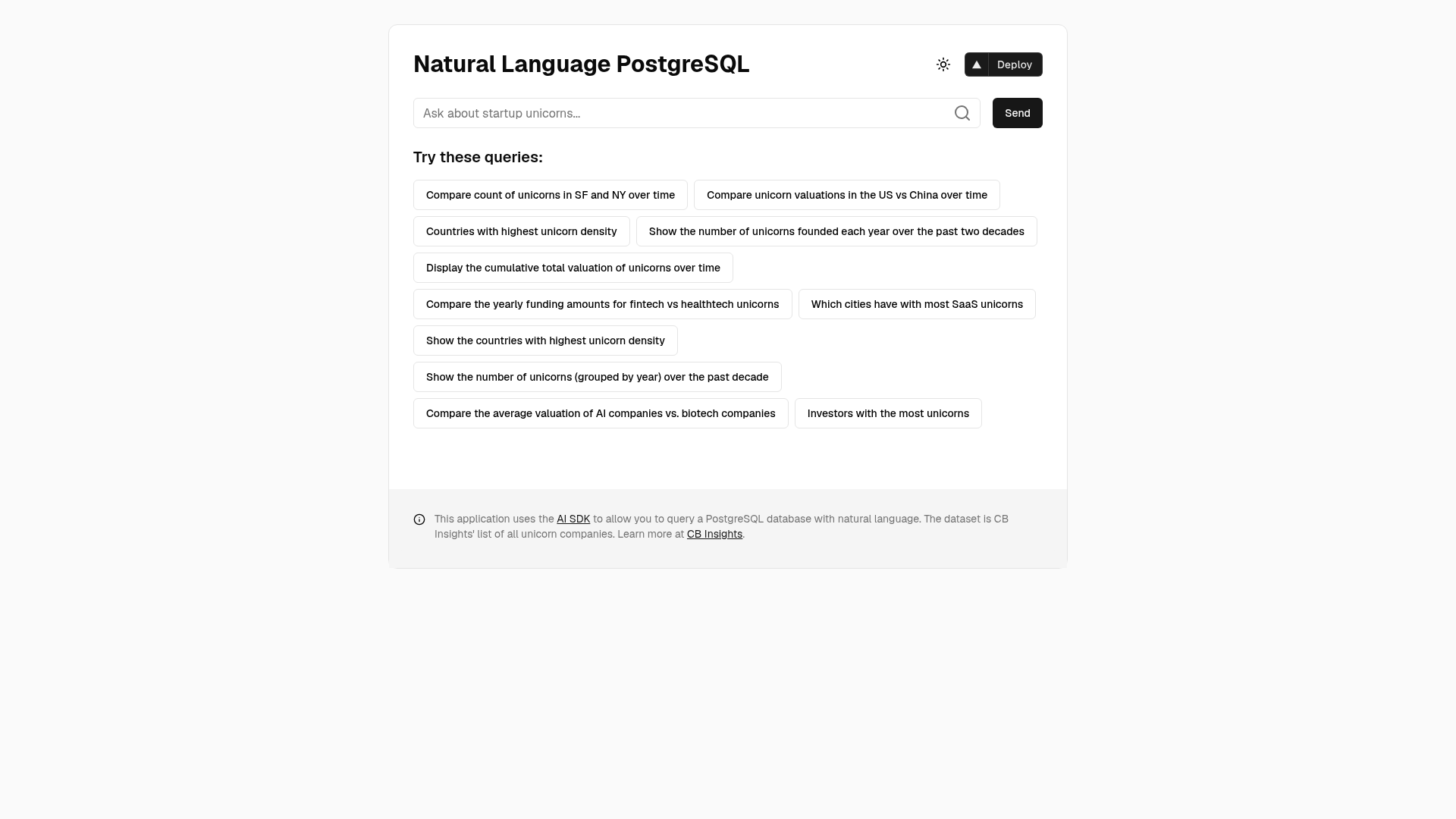 screenshot of Natural Language Postgres on template0.com