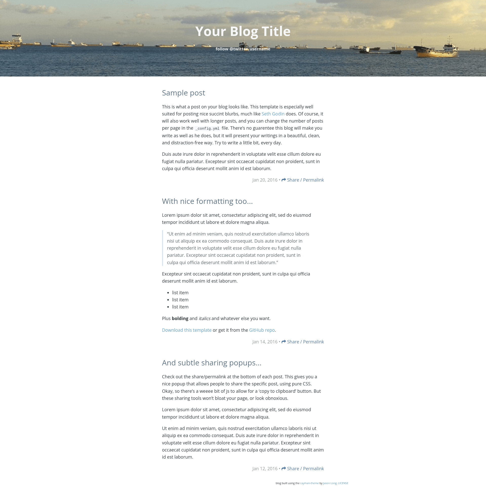 screenshot of Cayman Blog on template0.com
