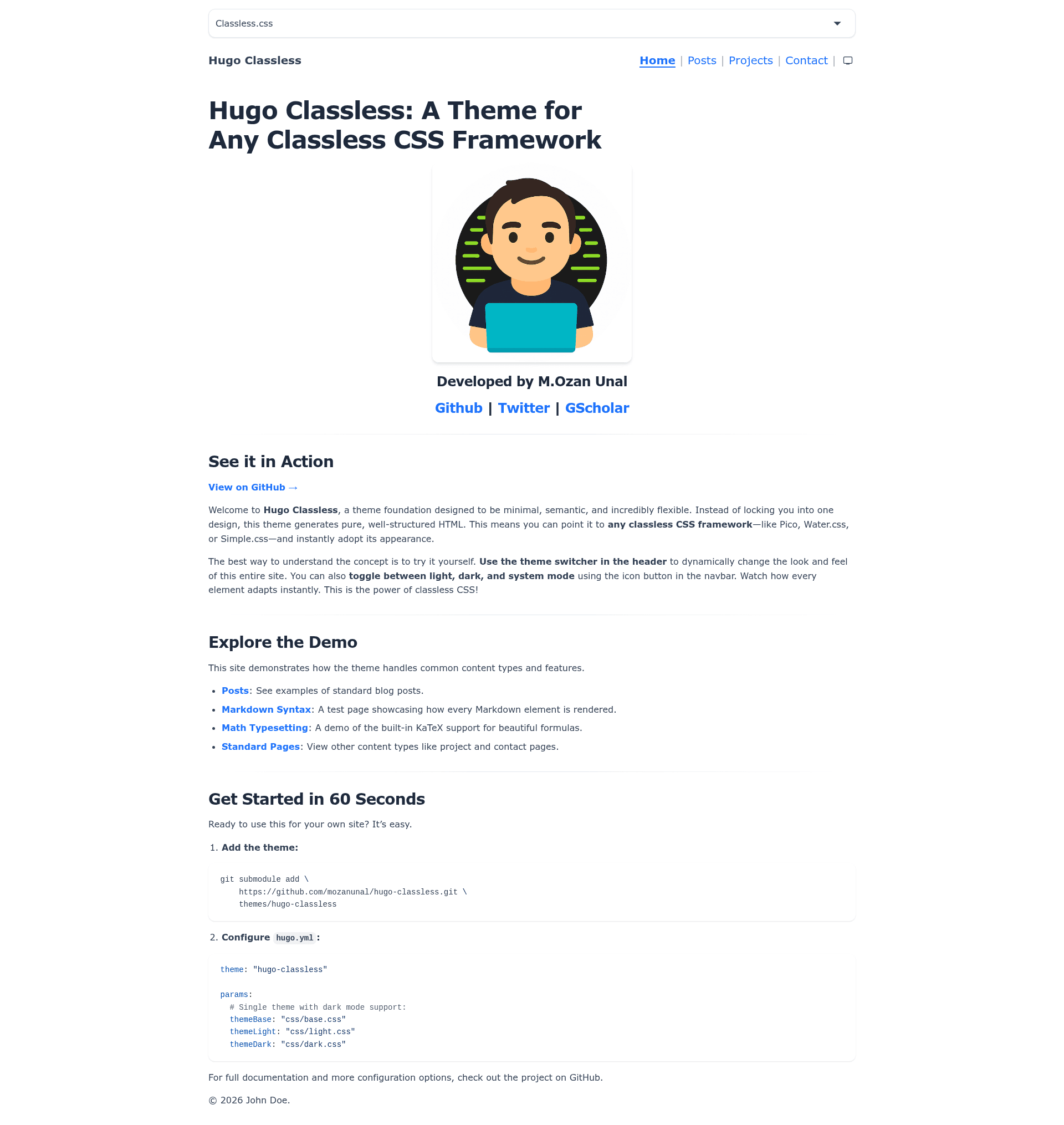 screenshot of Hugo Classless on template0.com