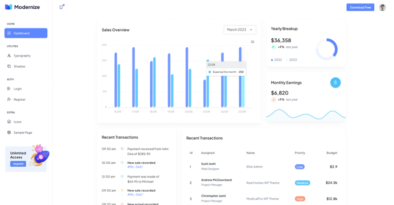 Image for Modernize Free NuxtJs(dashboard nuxt template) on template0.com