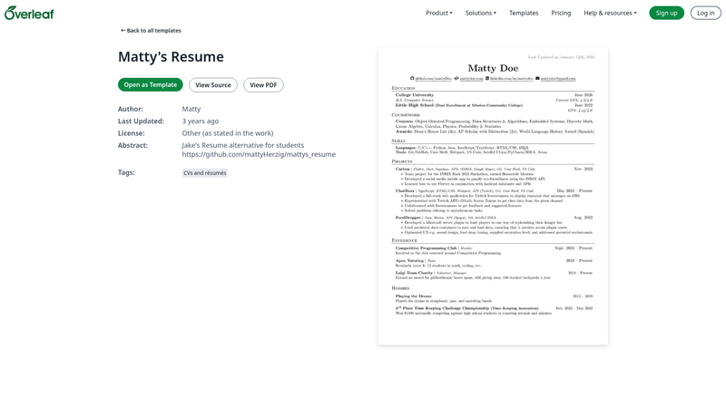 Image for Matty's Resume on template0.com Image for Matty's Resume on template0.com