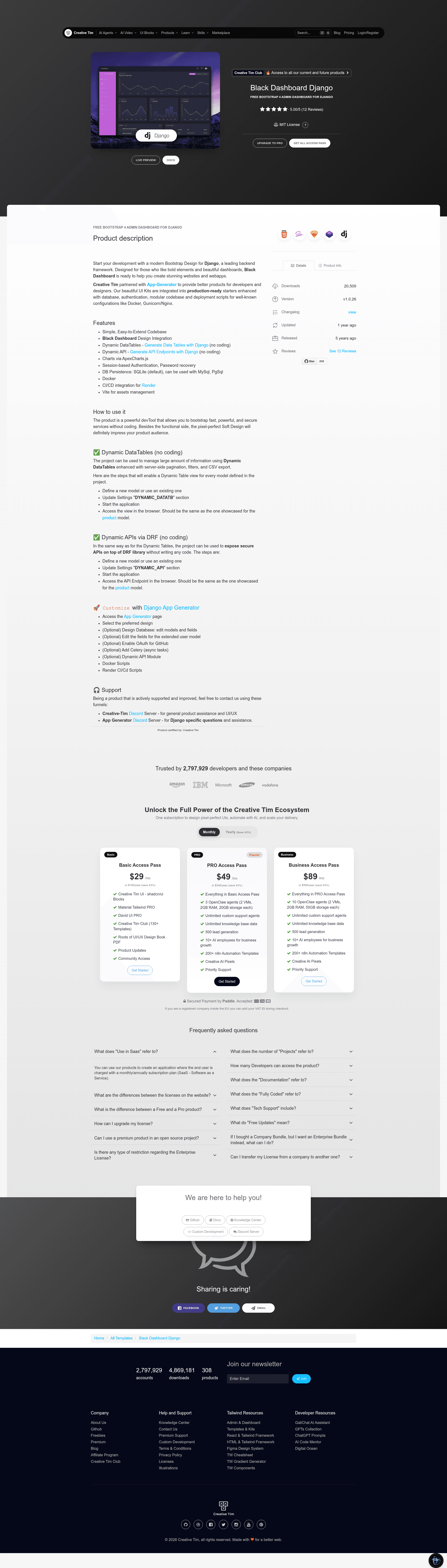 screenshot of Black Dashboard Django on template0.com