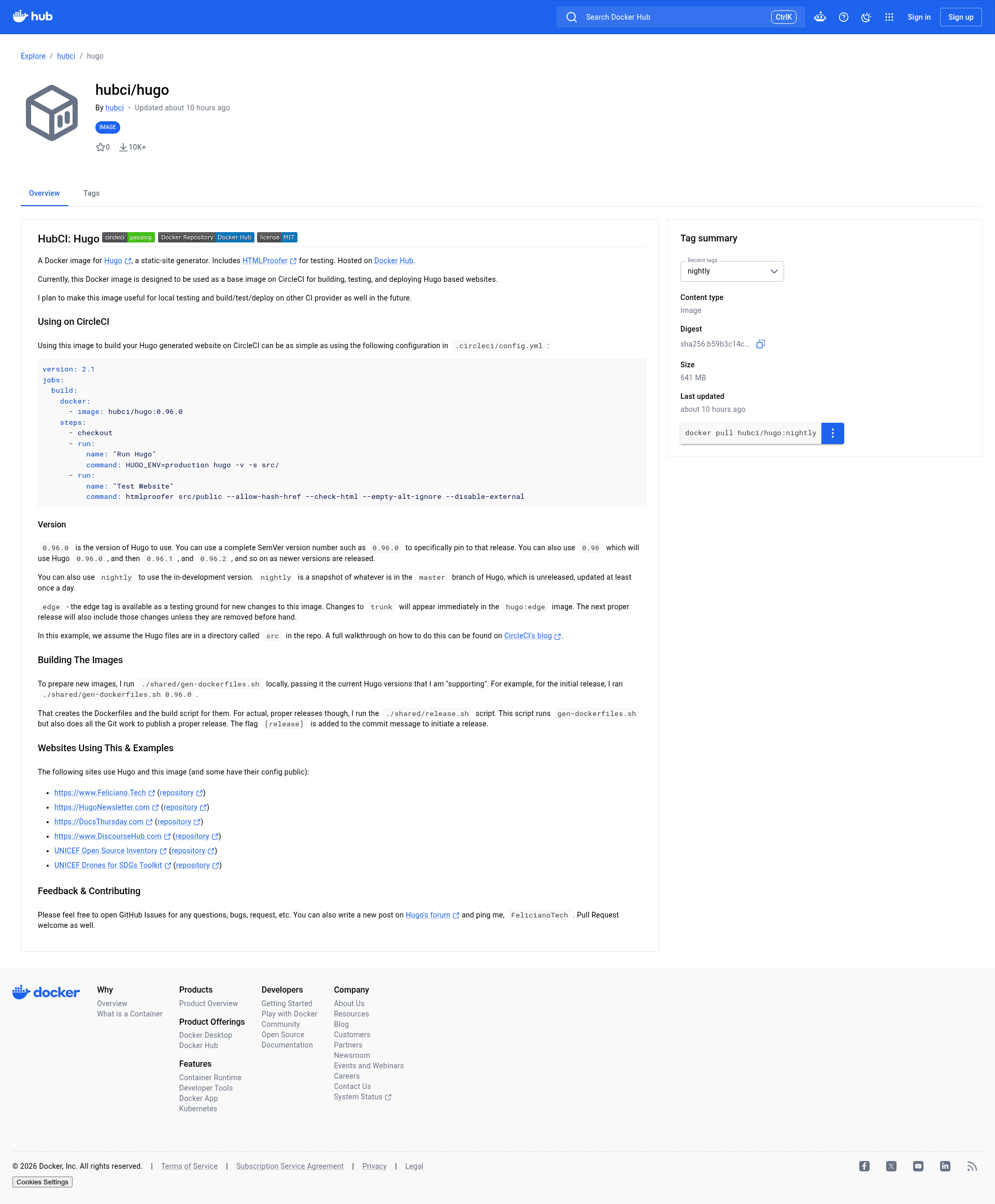 screenshot of HubCI Hugo Docker Image on template0.com