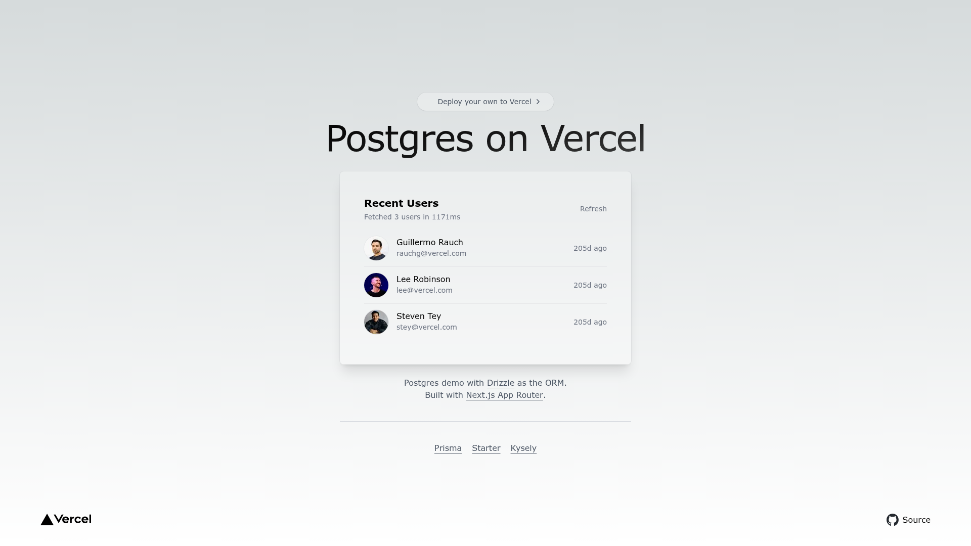 screenshot of Postgres + Drizzle Next.js Starter on template0.com