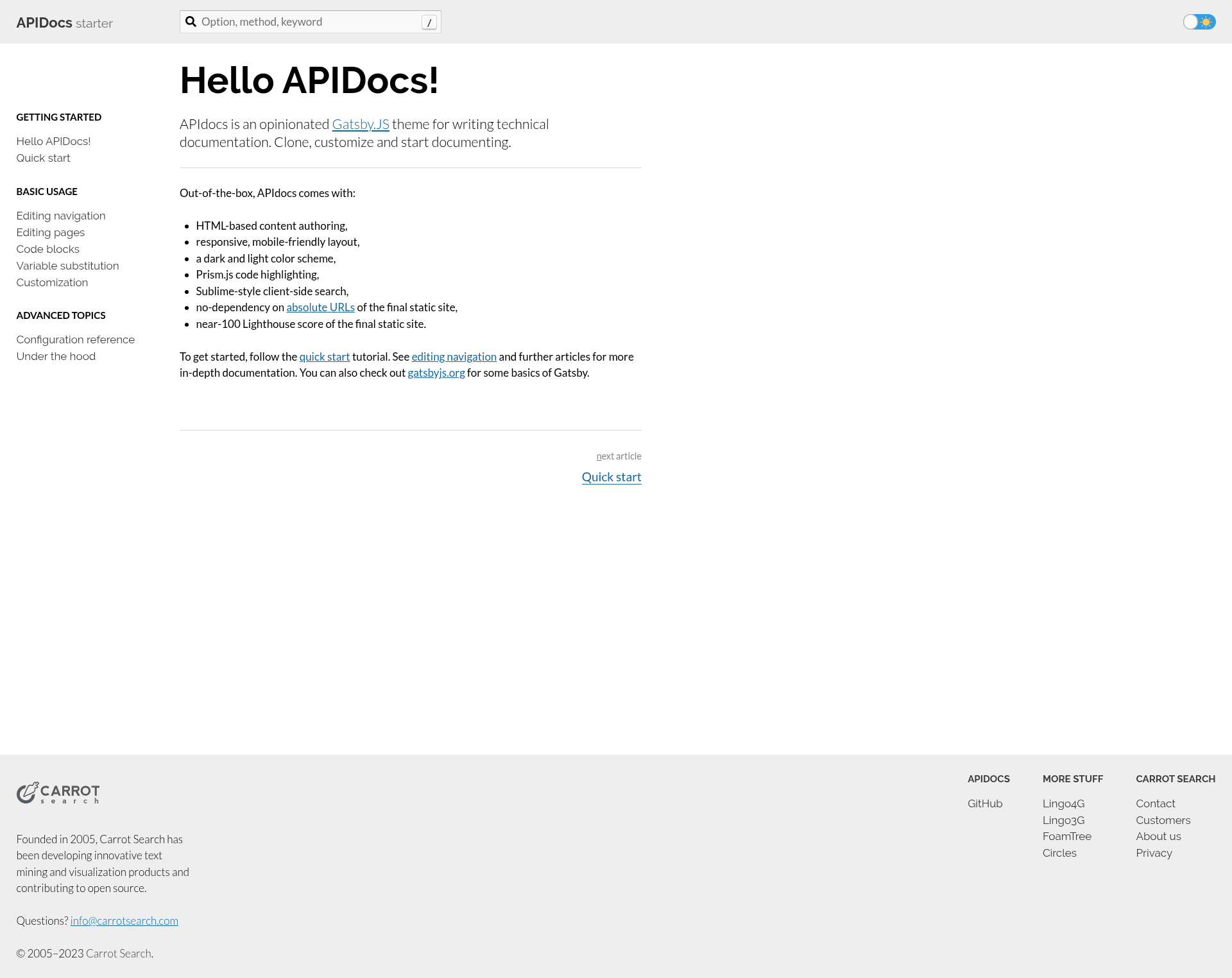 screenshot of APIDocs Gatsby Theme on template0.com