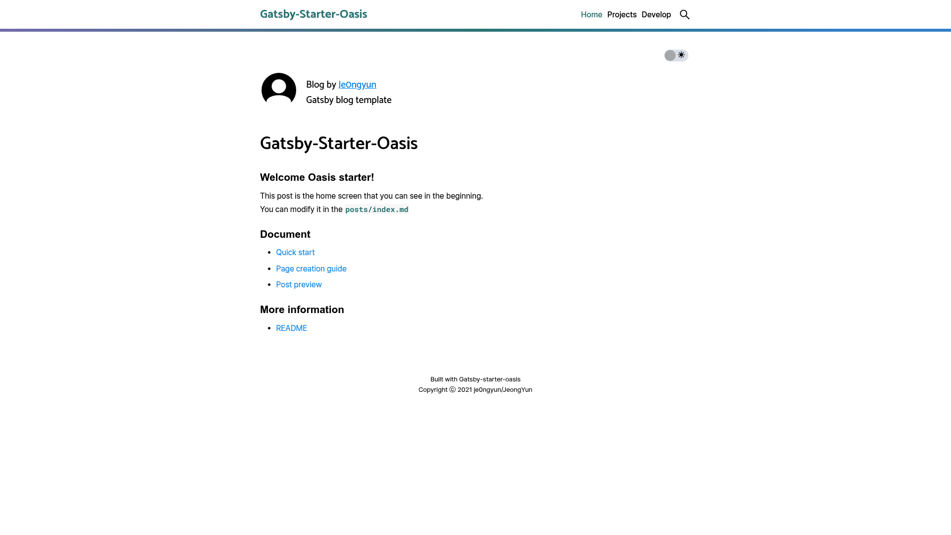 screenshot of Gatsby Starter Oasis on template0.com