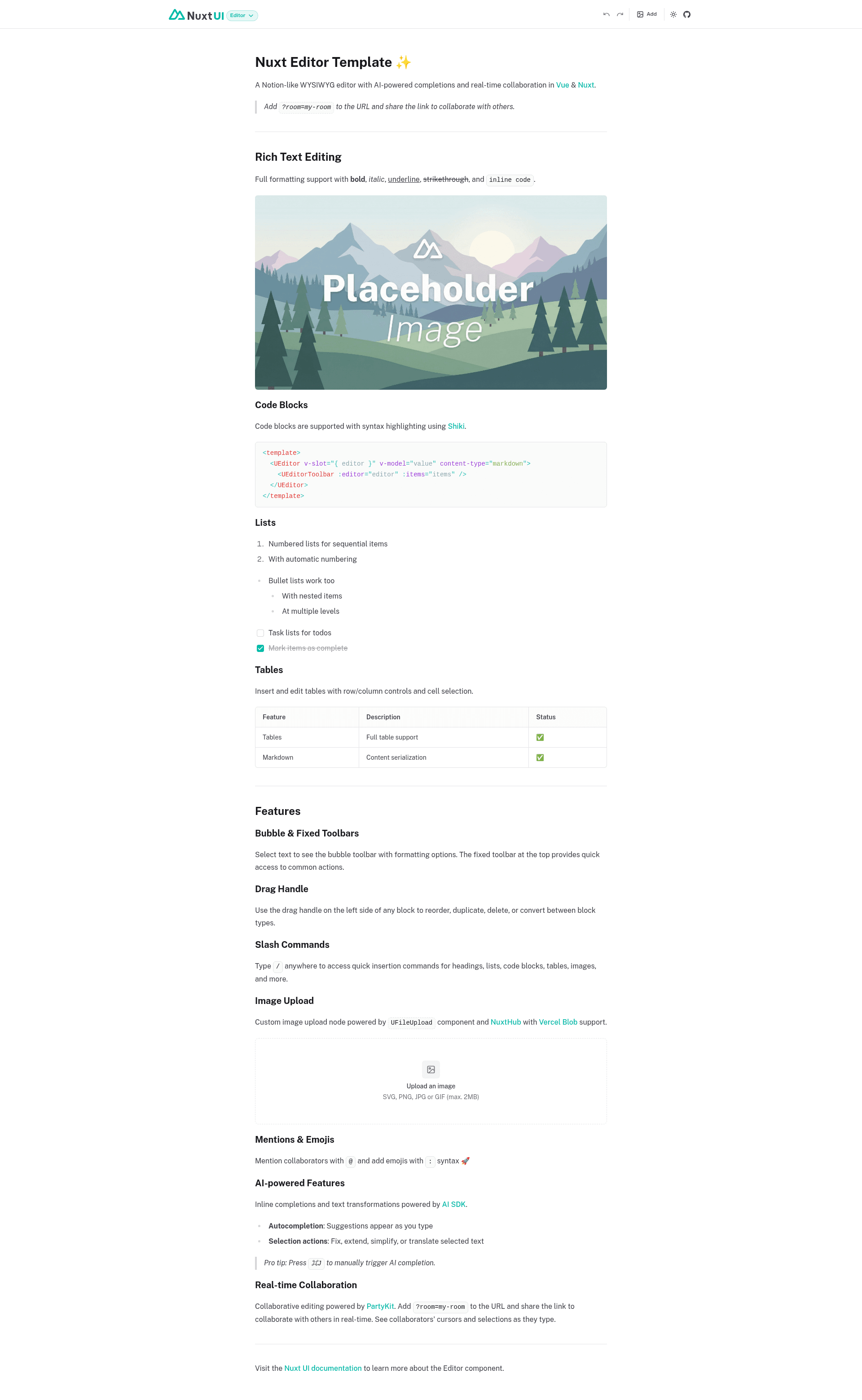 screenshot of Nuxt Editor Template on template0.com