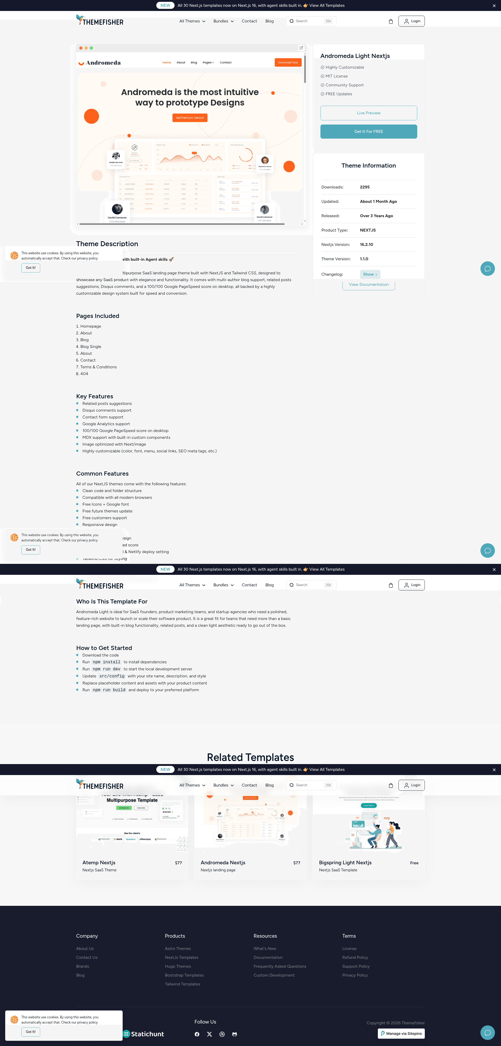 screenshot of Andromeda Light Nextjs on template0.com