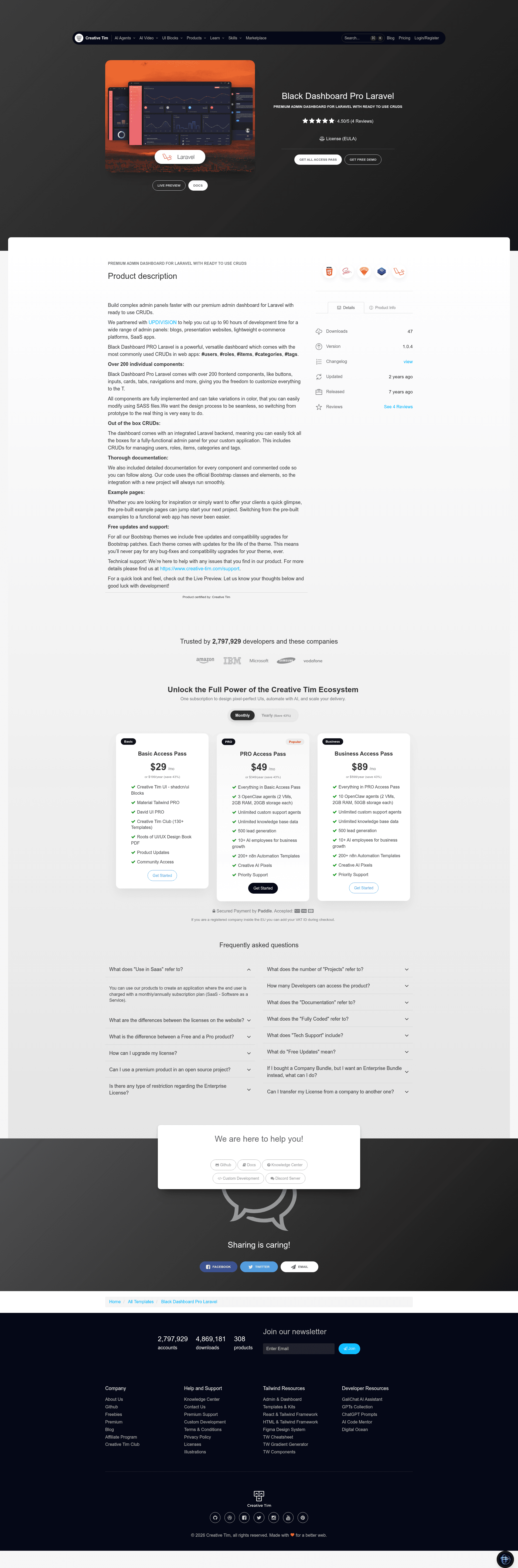 screenshot of Black Dashboard Pro Laravel on template0.com