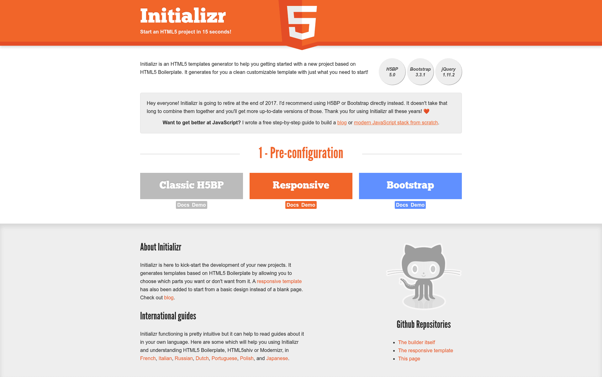 screenshot of Initializr on template0.com