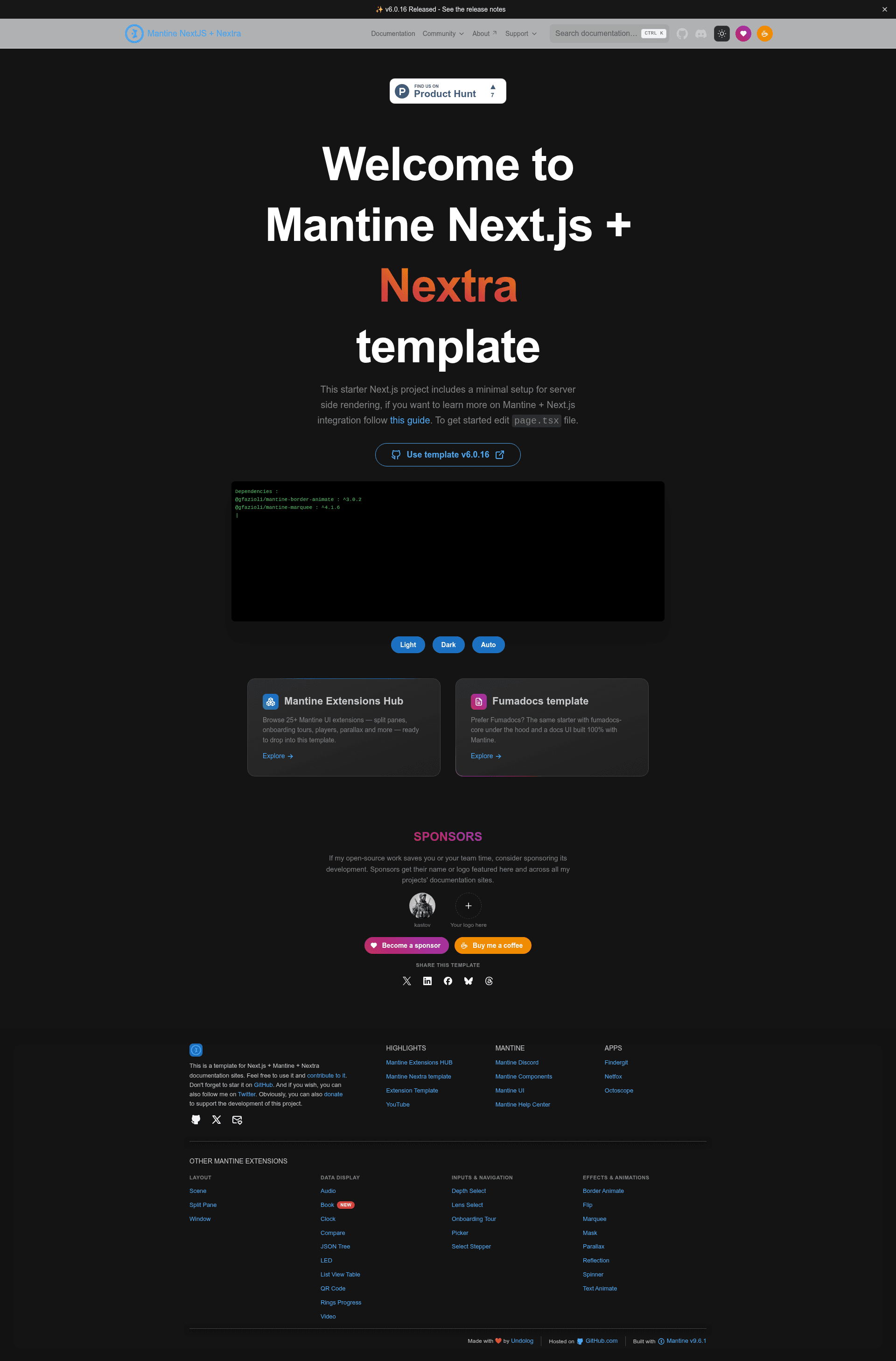 screenshot of Mantine Next.js + Nextra Template on template0.com