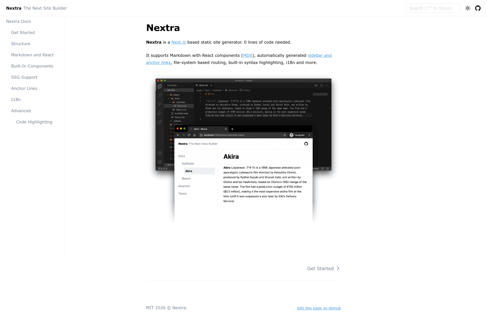 screenshot of Nextra on template0.com