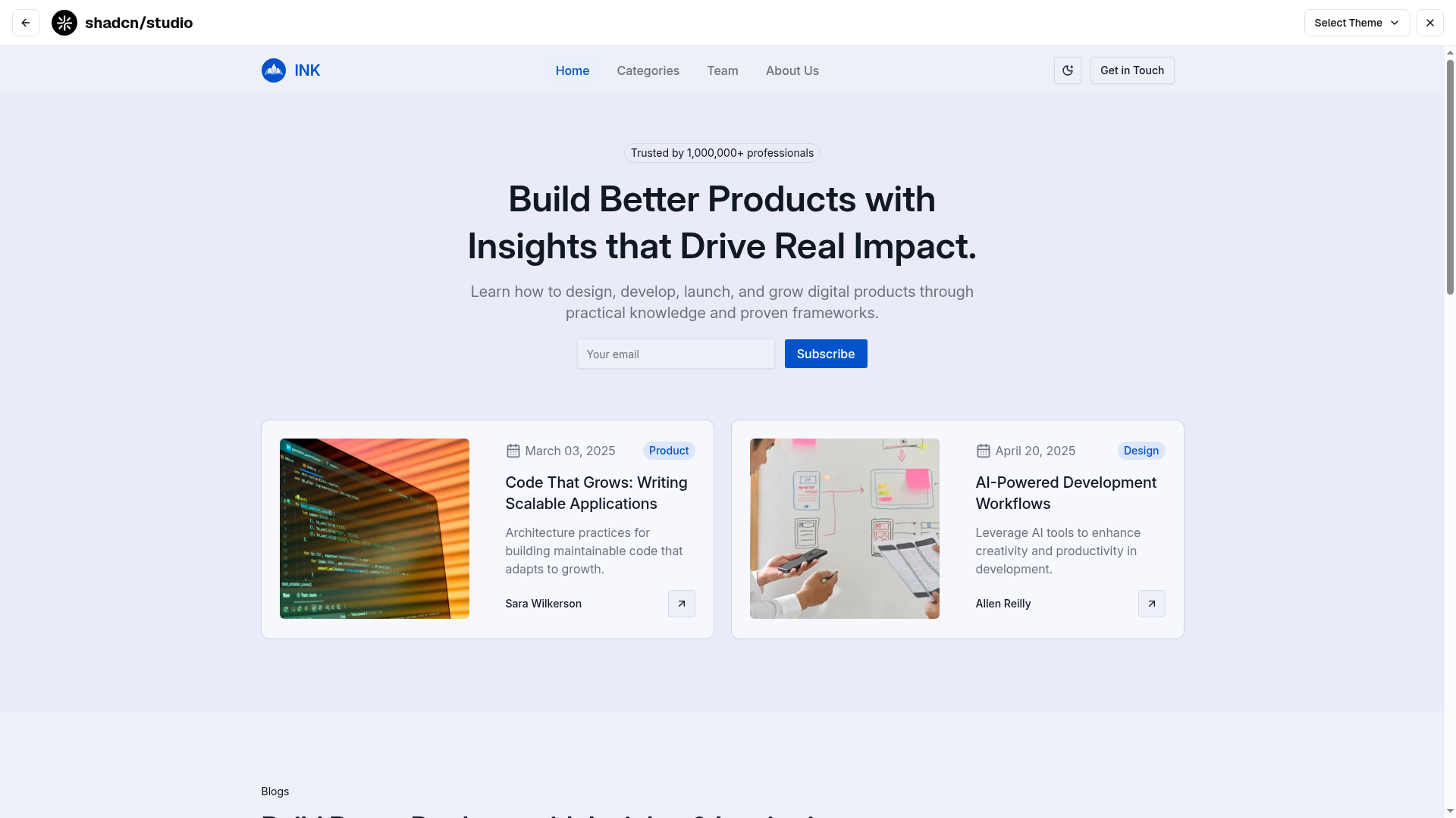 screenshot of Ink - Shadcn UI Blog Landing Page Template on template0.com