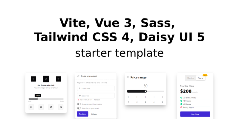 Image for Vite + Vue 3 + Sass + Tailwind 4 + DaisyUI 5 Starter on template0.com Image for Vite + Vue 3 + Sass + Tailwind 4 + DaisyUI 5 Starter on template0.com