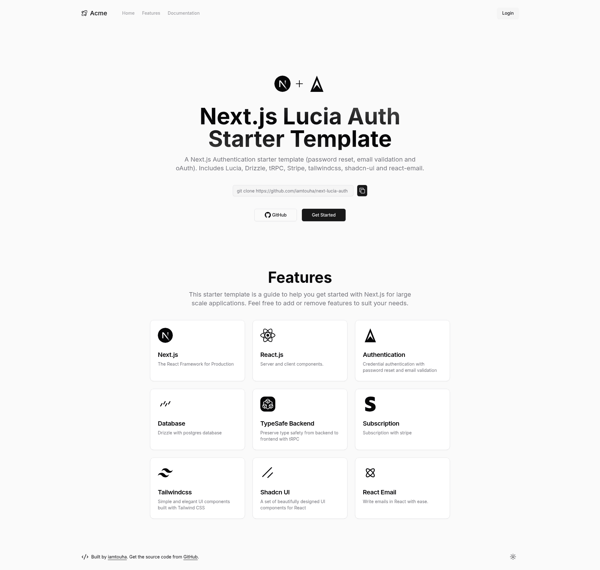 screenshot of Next.js Lucia Auth Starter on template0.com