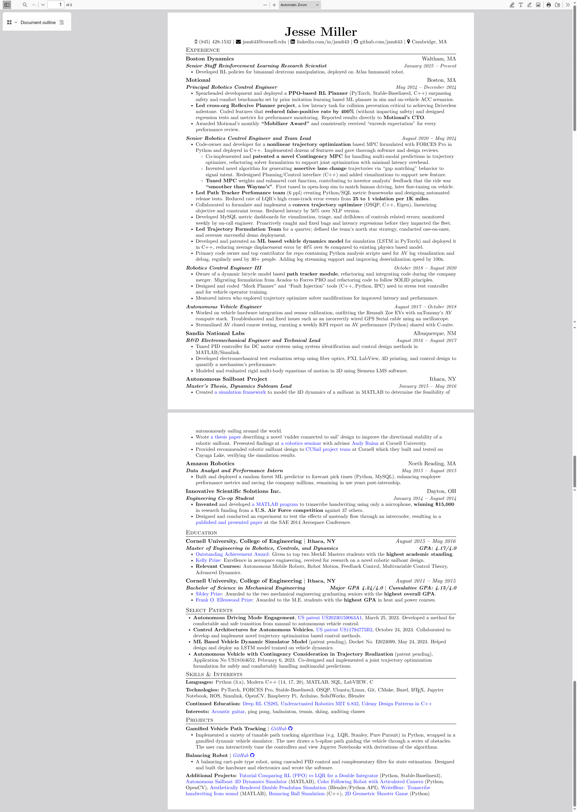 screenshot of Jesse Miller Resume on template0.com