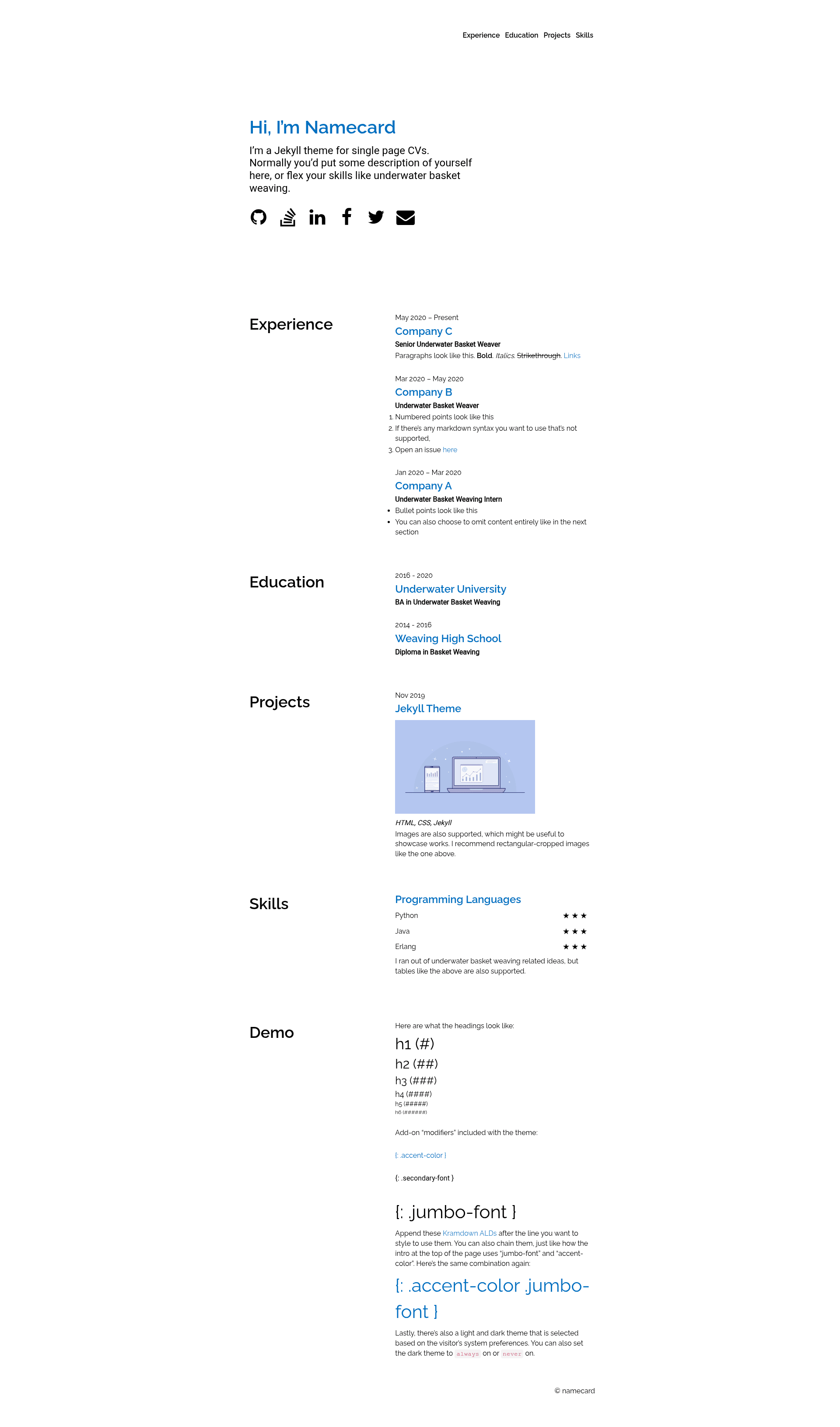 screenshot of namecard on template0.com