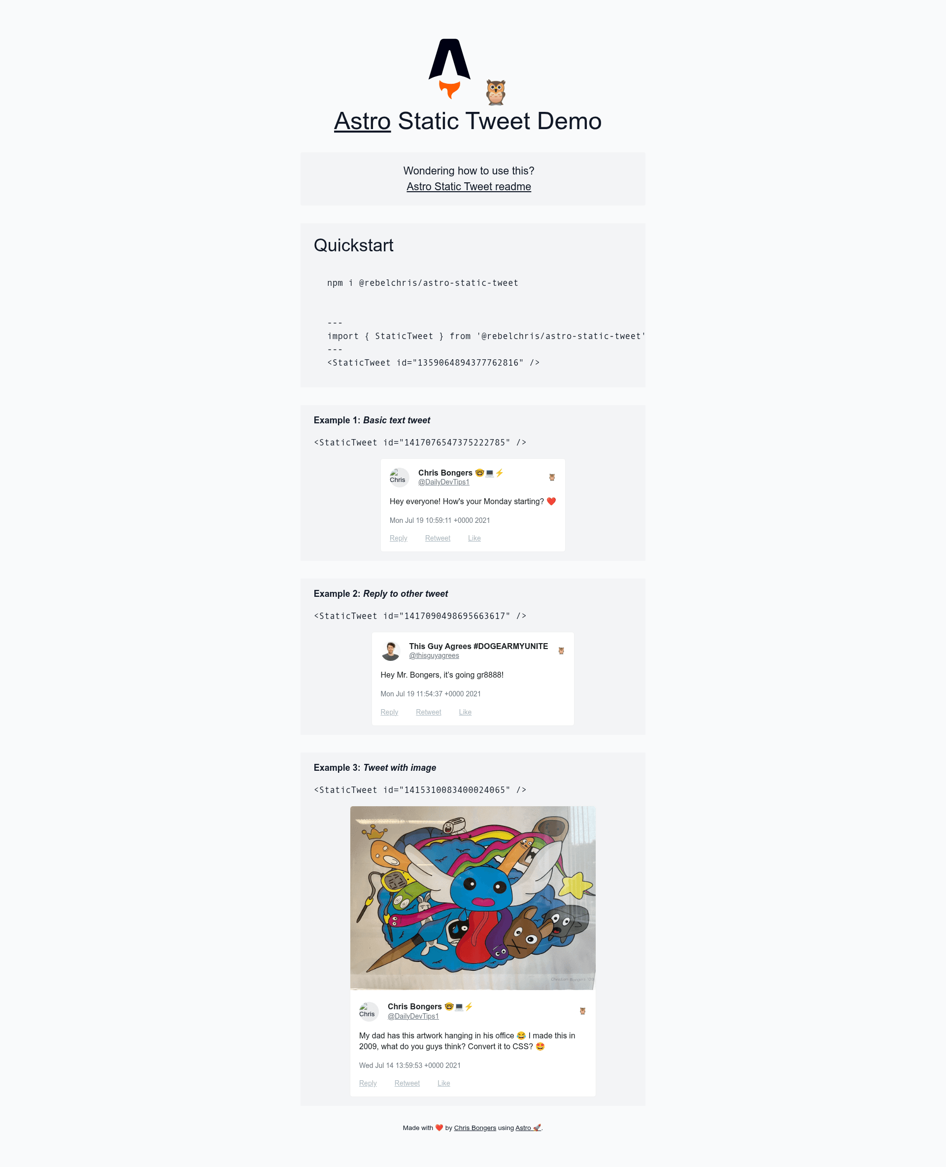 screenshot of Astro Static Tweet on template0.com