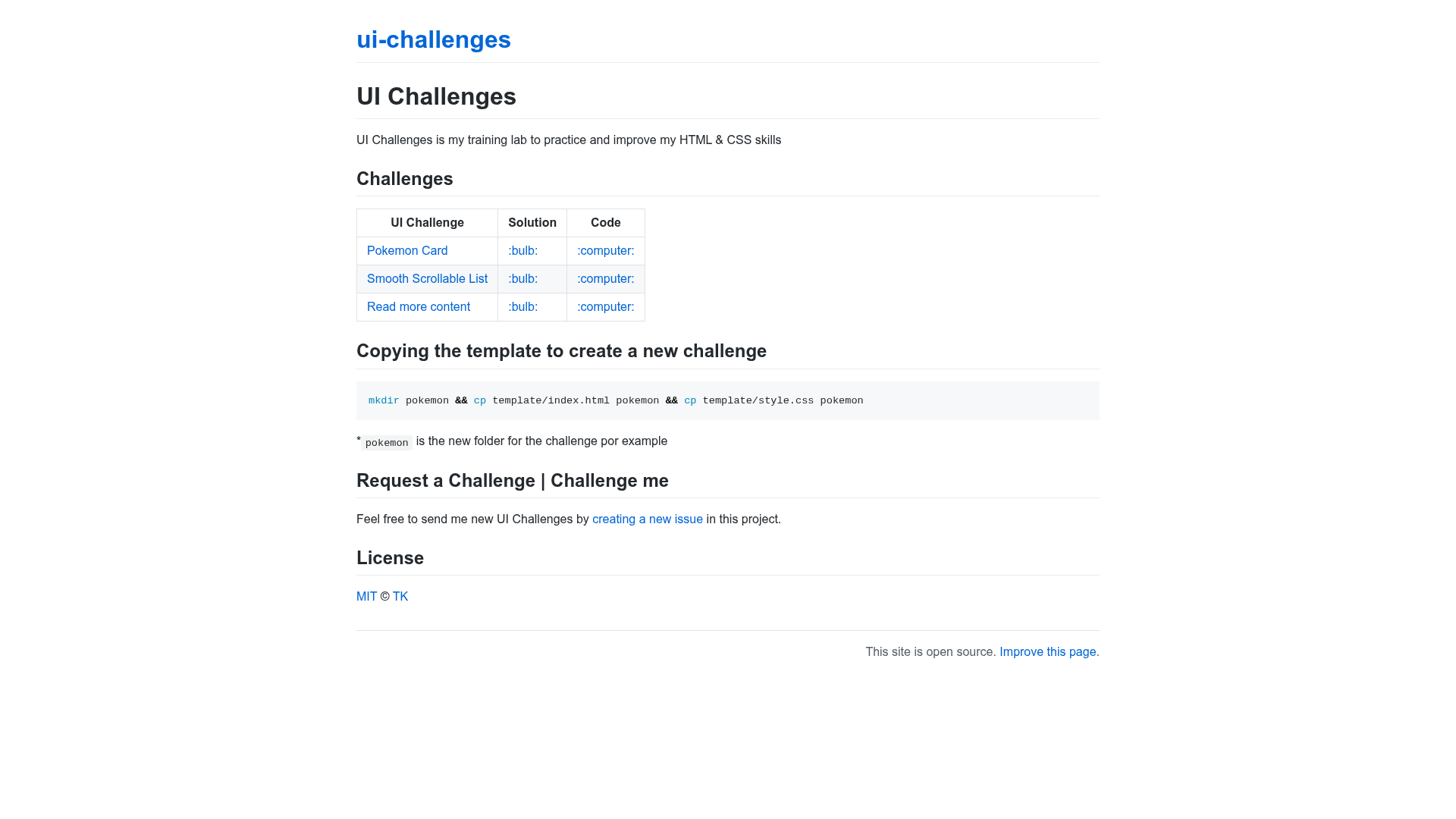 screenshot of UI Challenges on template0.com