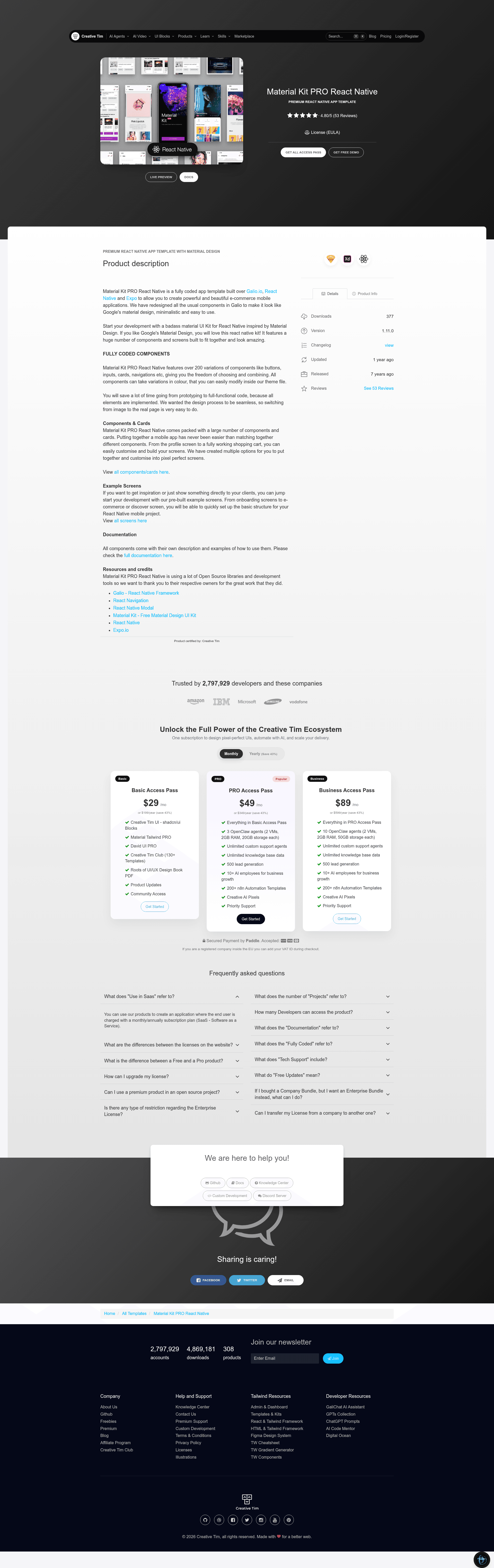 screenshot of Material Kit PRO React Native on template0.com