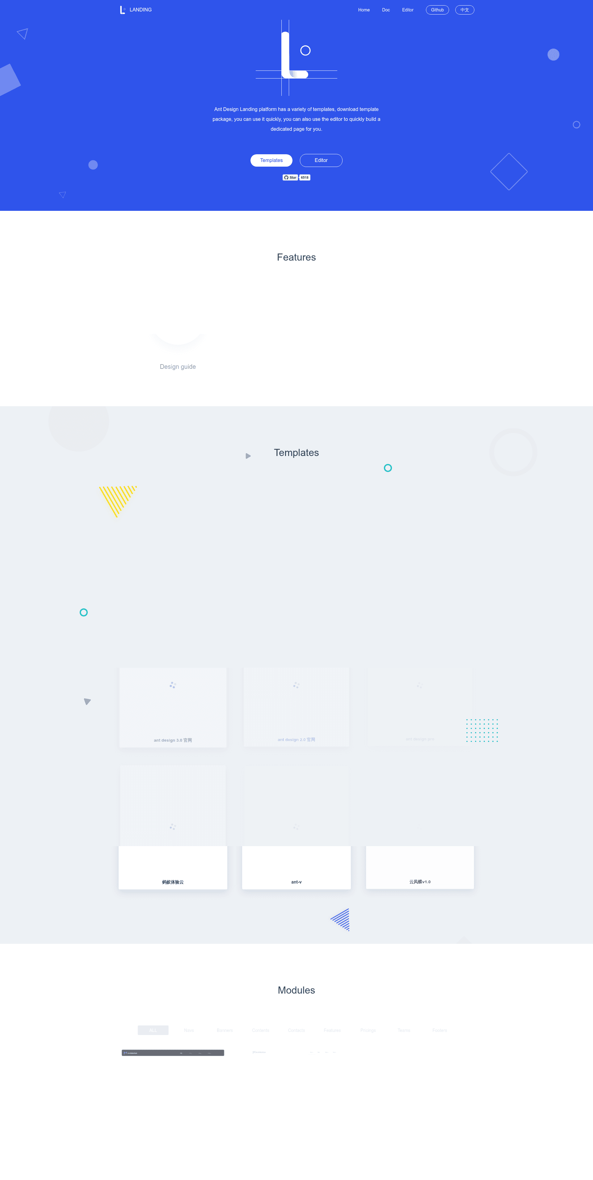 screenshot of Ant Design Landing on template0.com