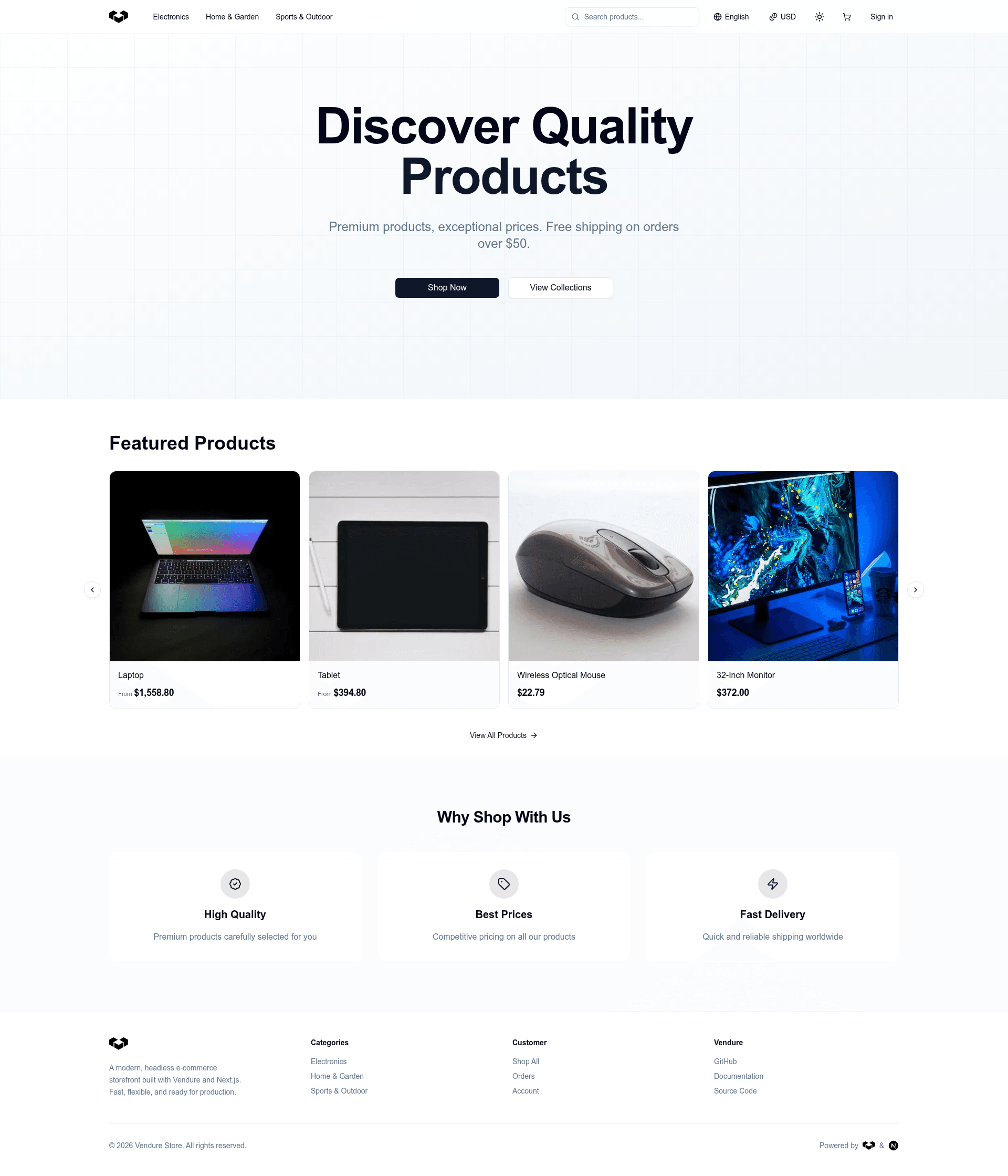 screenshot of Vendure Next.js Storefront Starter on template0.com