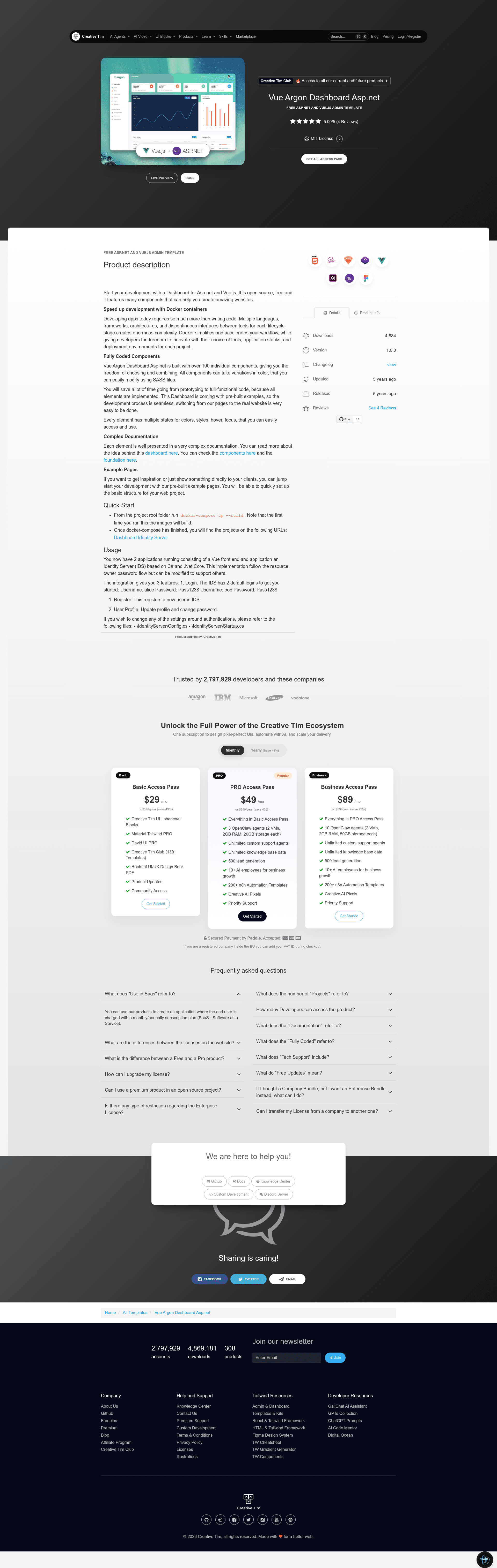 screenshot of Vue Argon Dashboard Asp.net on template0.com