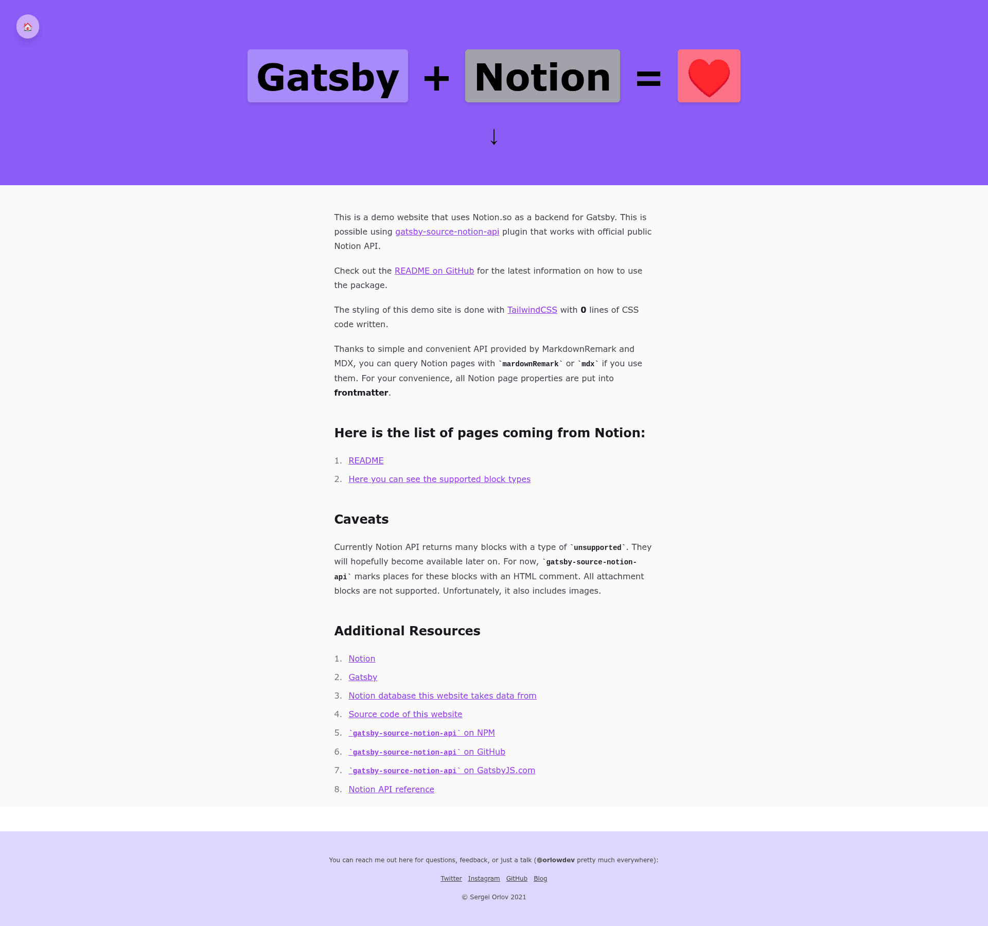 screenshot of Gatsby Source Notion API on template0.com