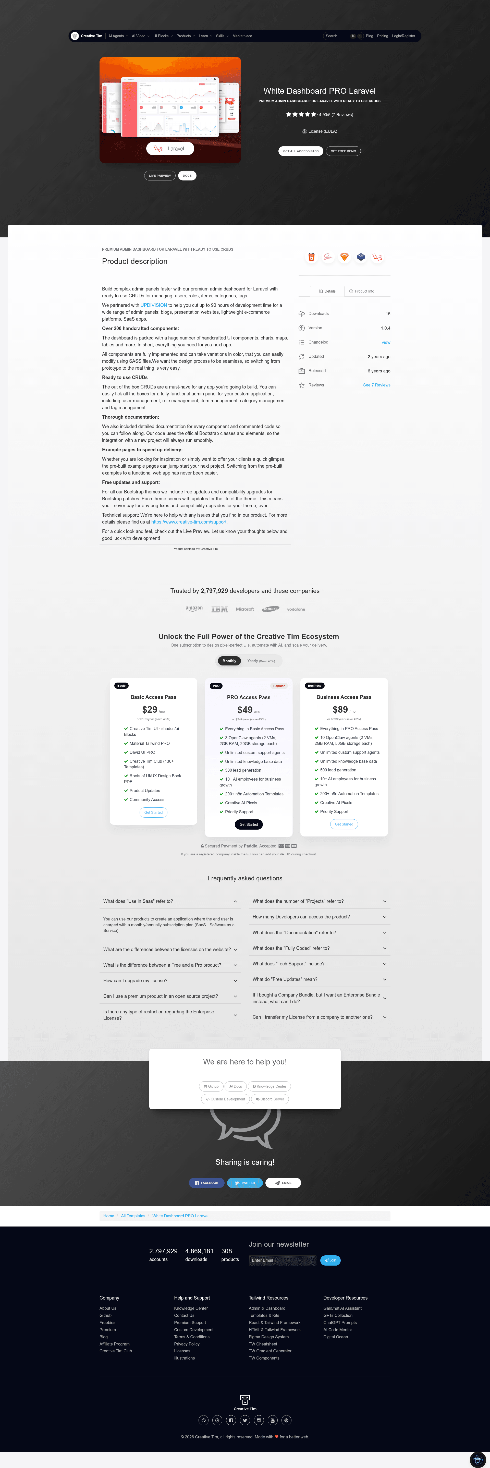 screenshot of White Dashboard Pro Laravel on template0.com