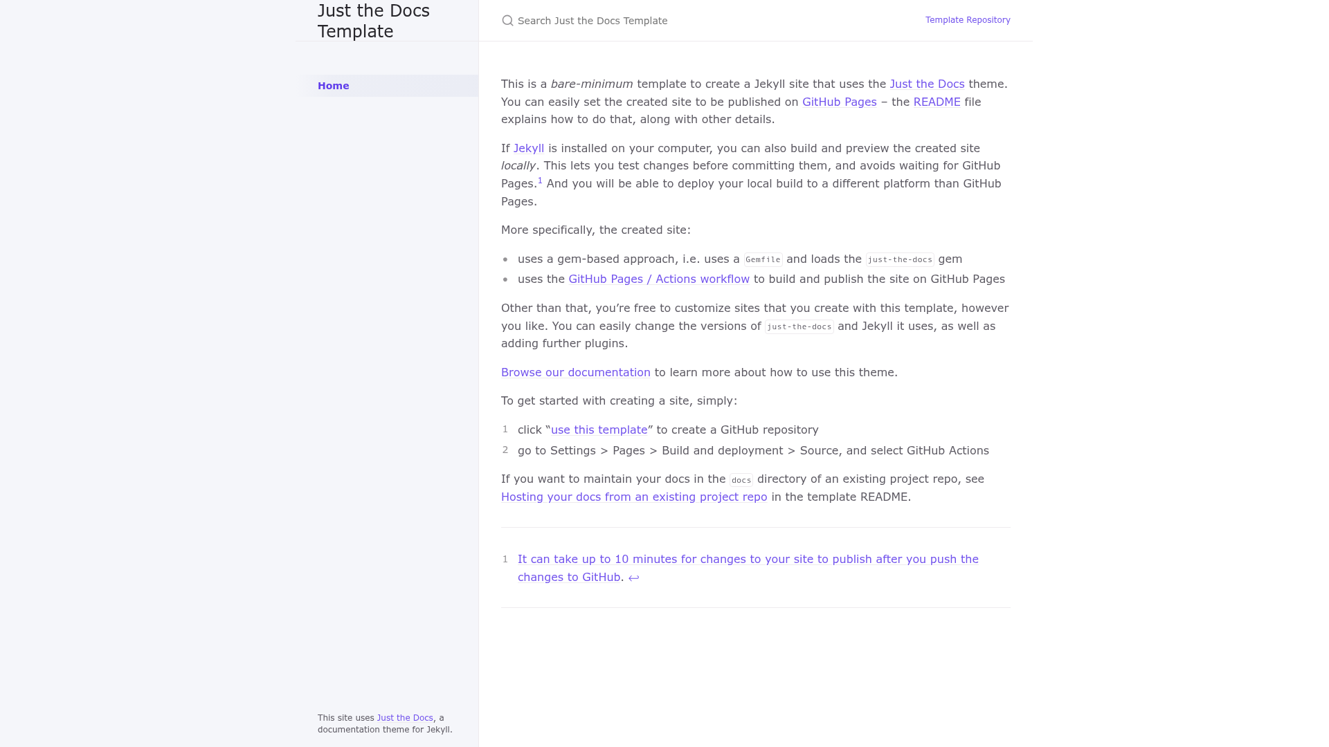 screenshot of Just The Docs Template on template0.com