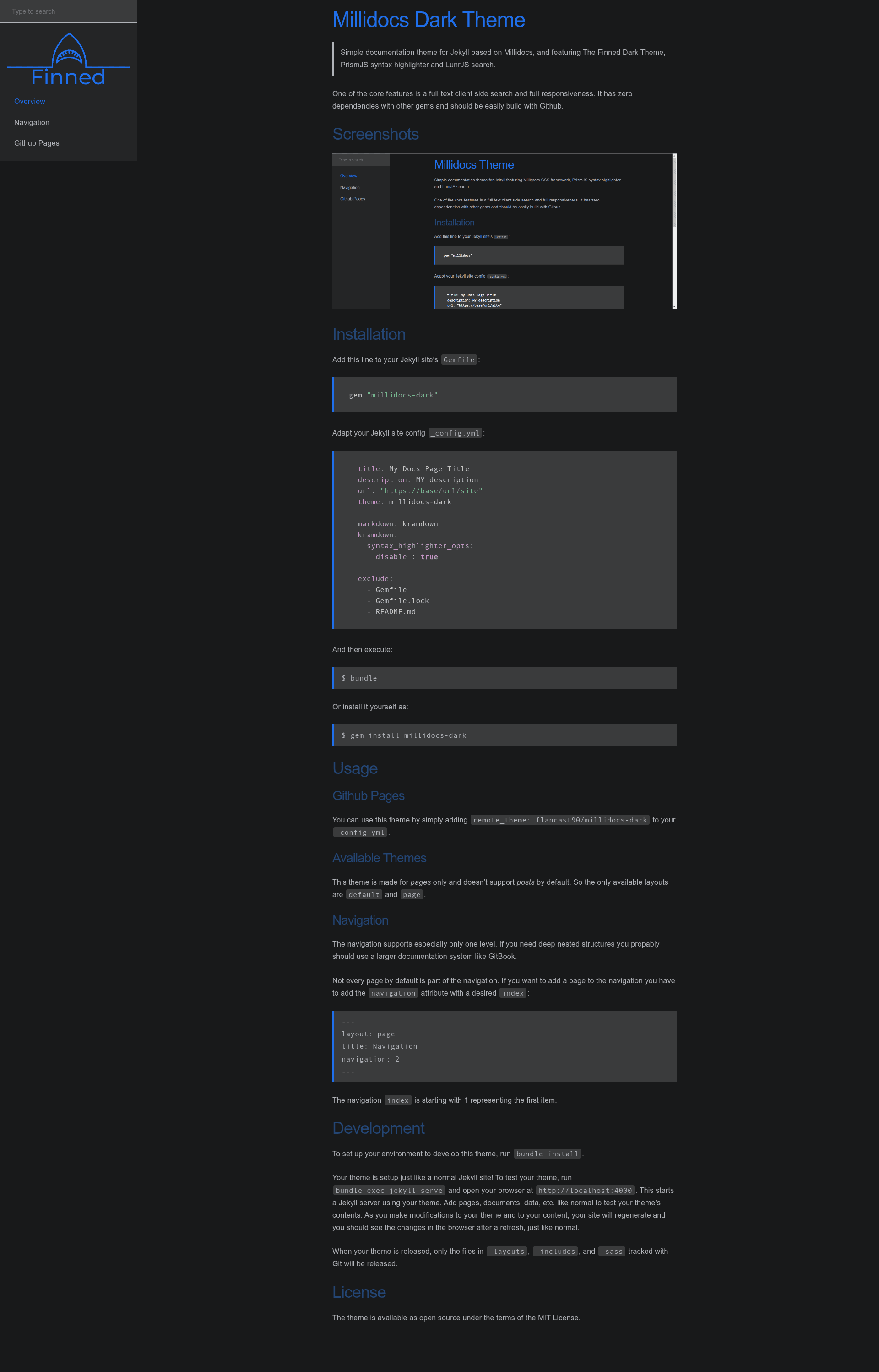 screenshot of Millidocs Dark on template0.com