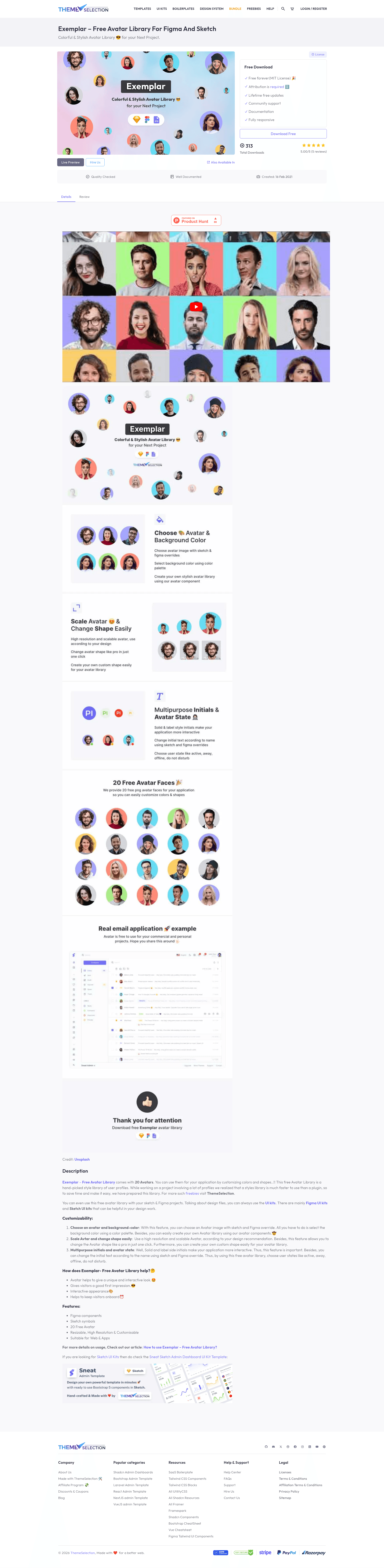 screenshot of Exemplar - Free Avatar Library for Figma and Sketch on template0.com
