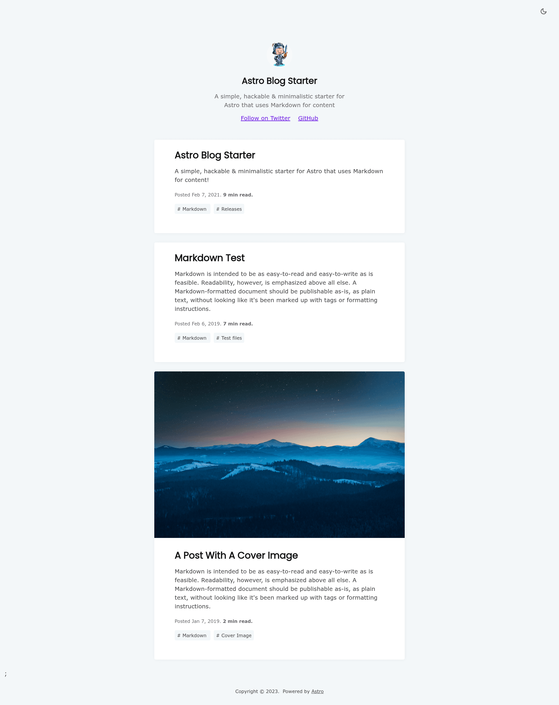 screenshot of Astro Starter Blog on template0.com