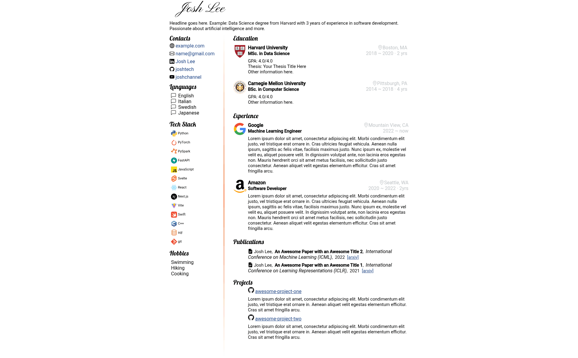 screenshot of Iconic Resume on template0.com