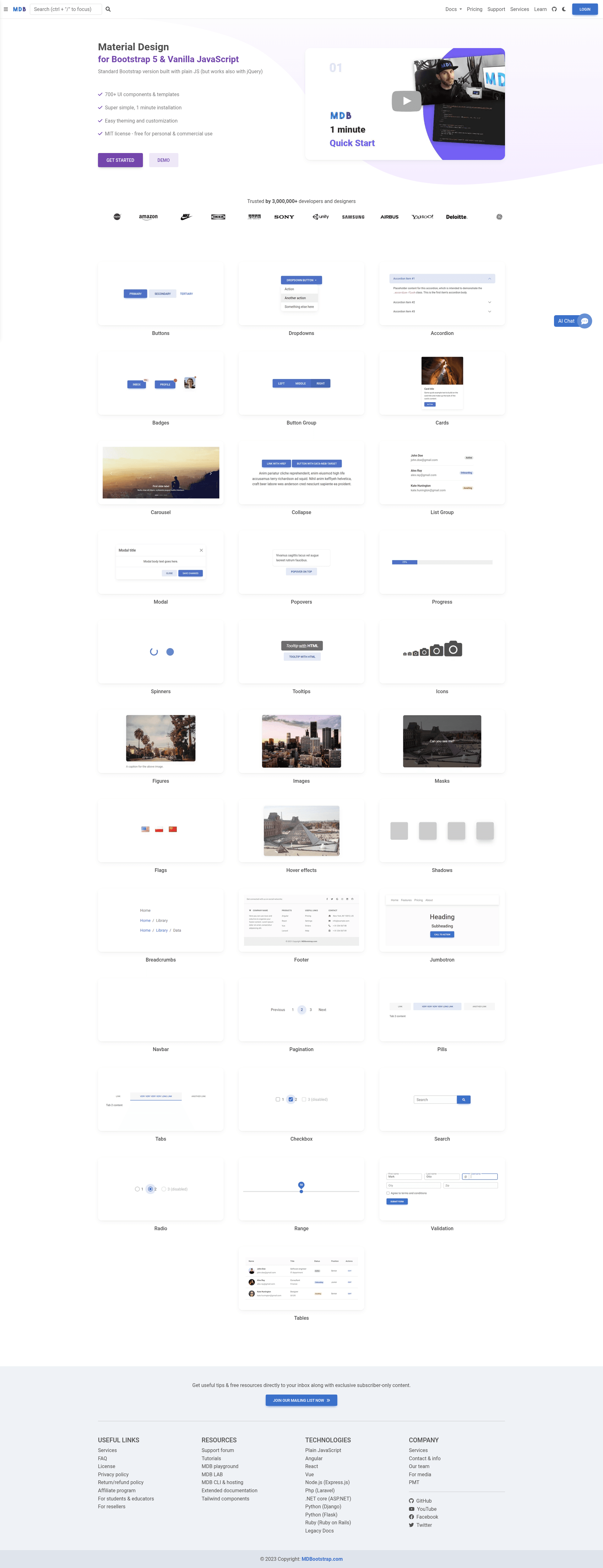 screenshot of MDB UI Kit on template0.com