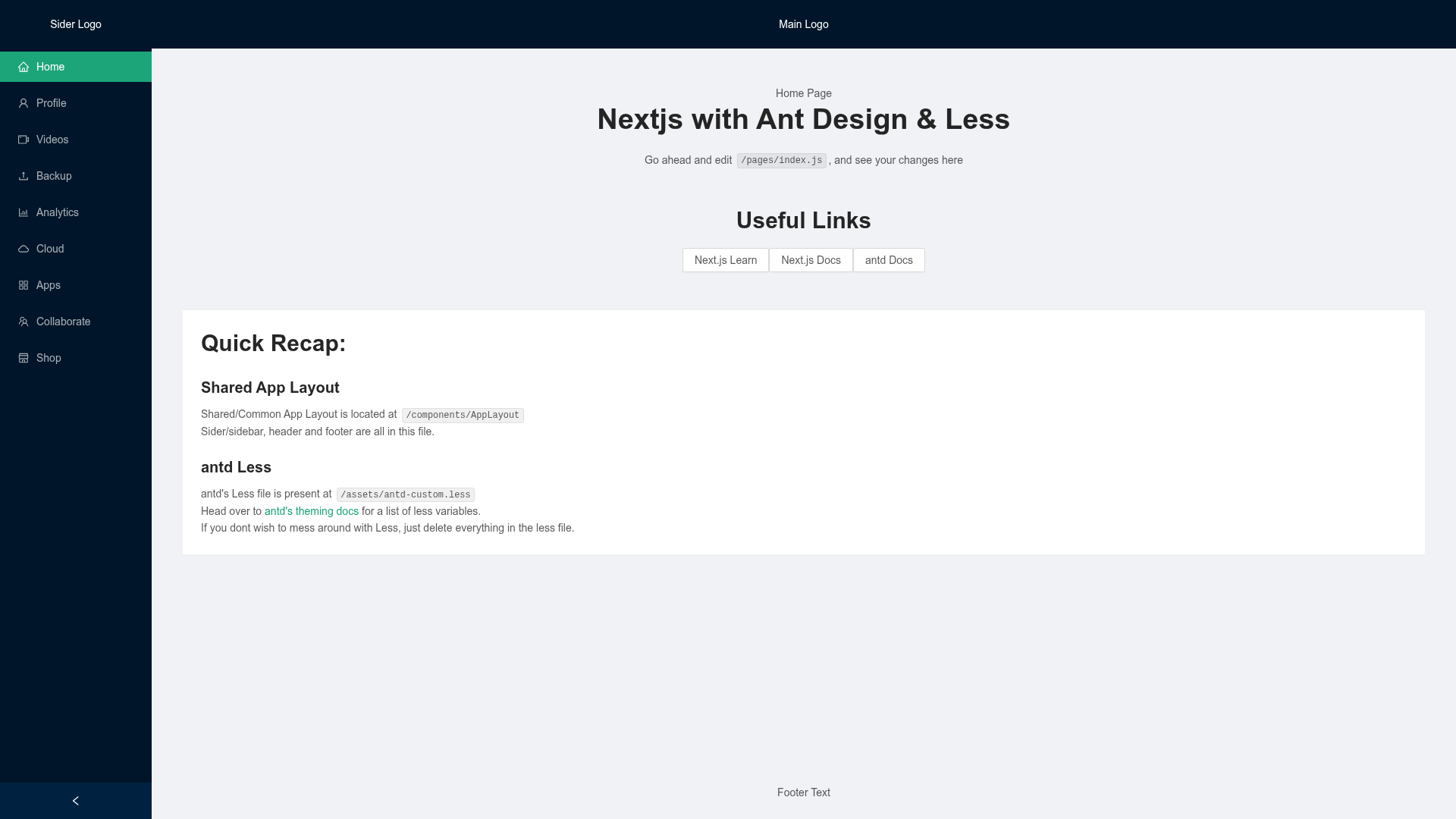 screenshot of Next With Ant Design Less on template0.com