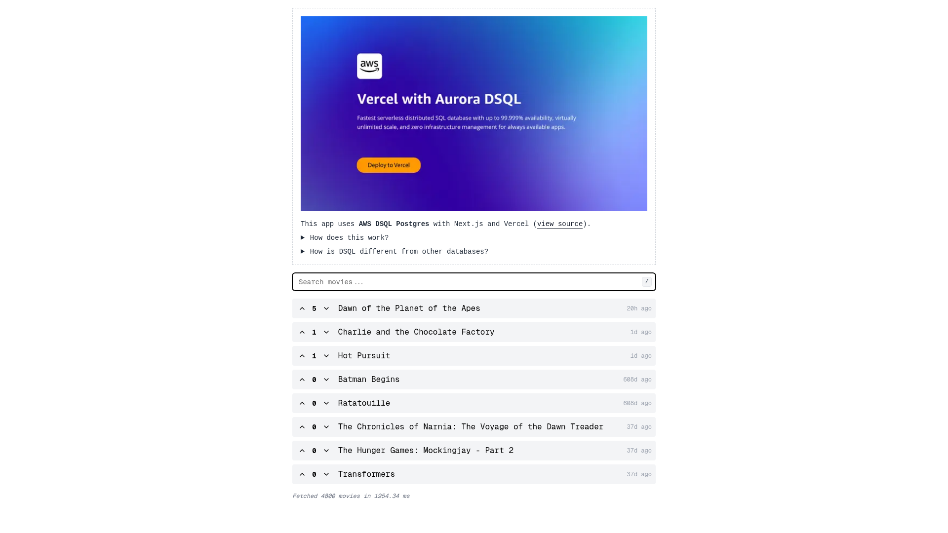 screenshot of AWS Aurora DQSL Movies Demo on template0.com