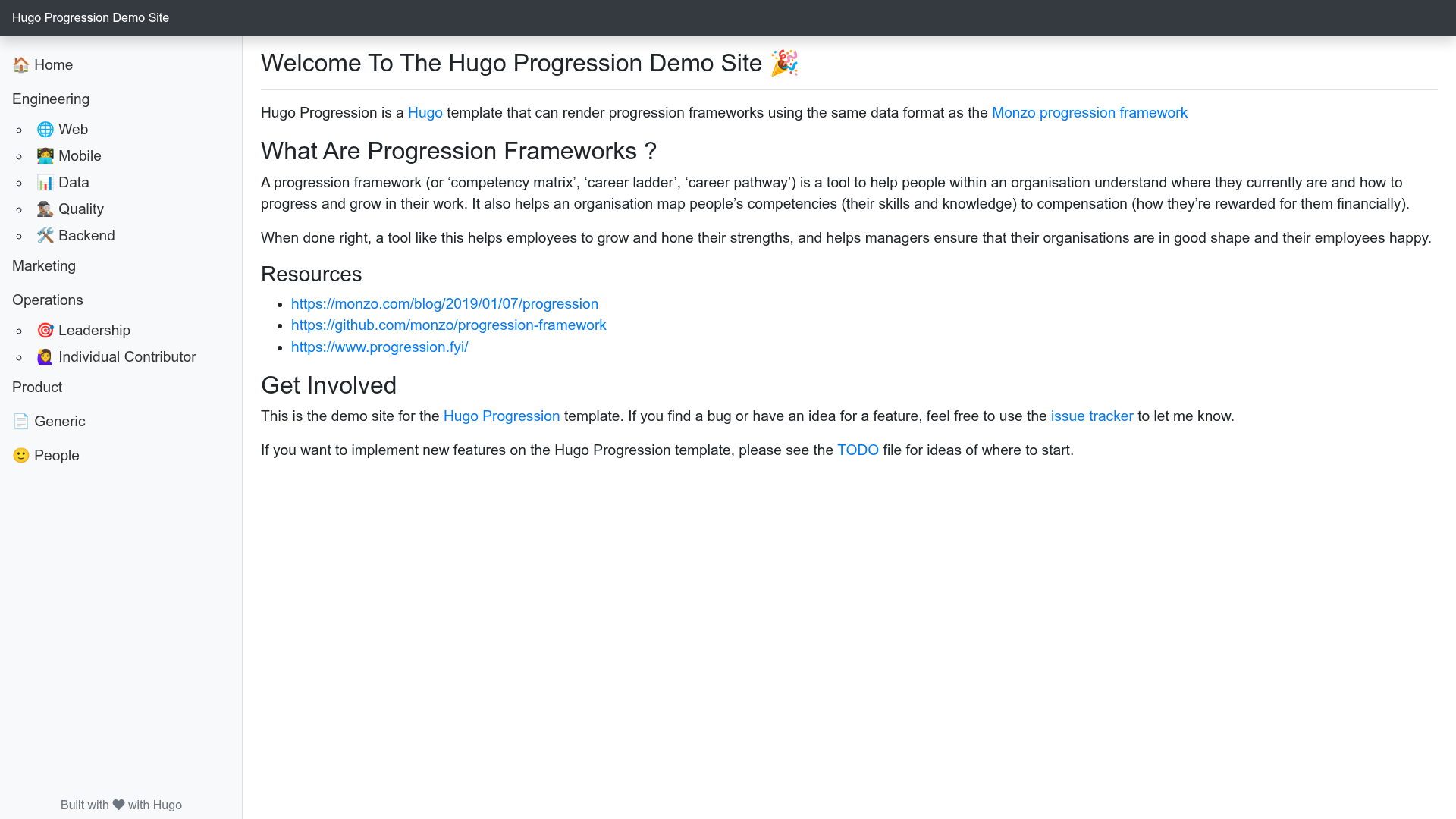 screenshot of Hugo Progression on template0.com