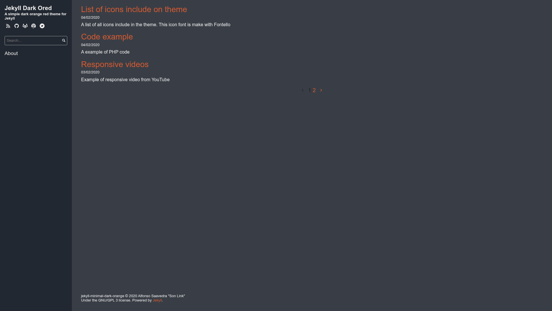 screenshot of Jekyll Minimal Dark Orange on template0.com