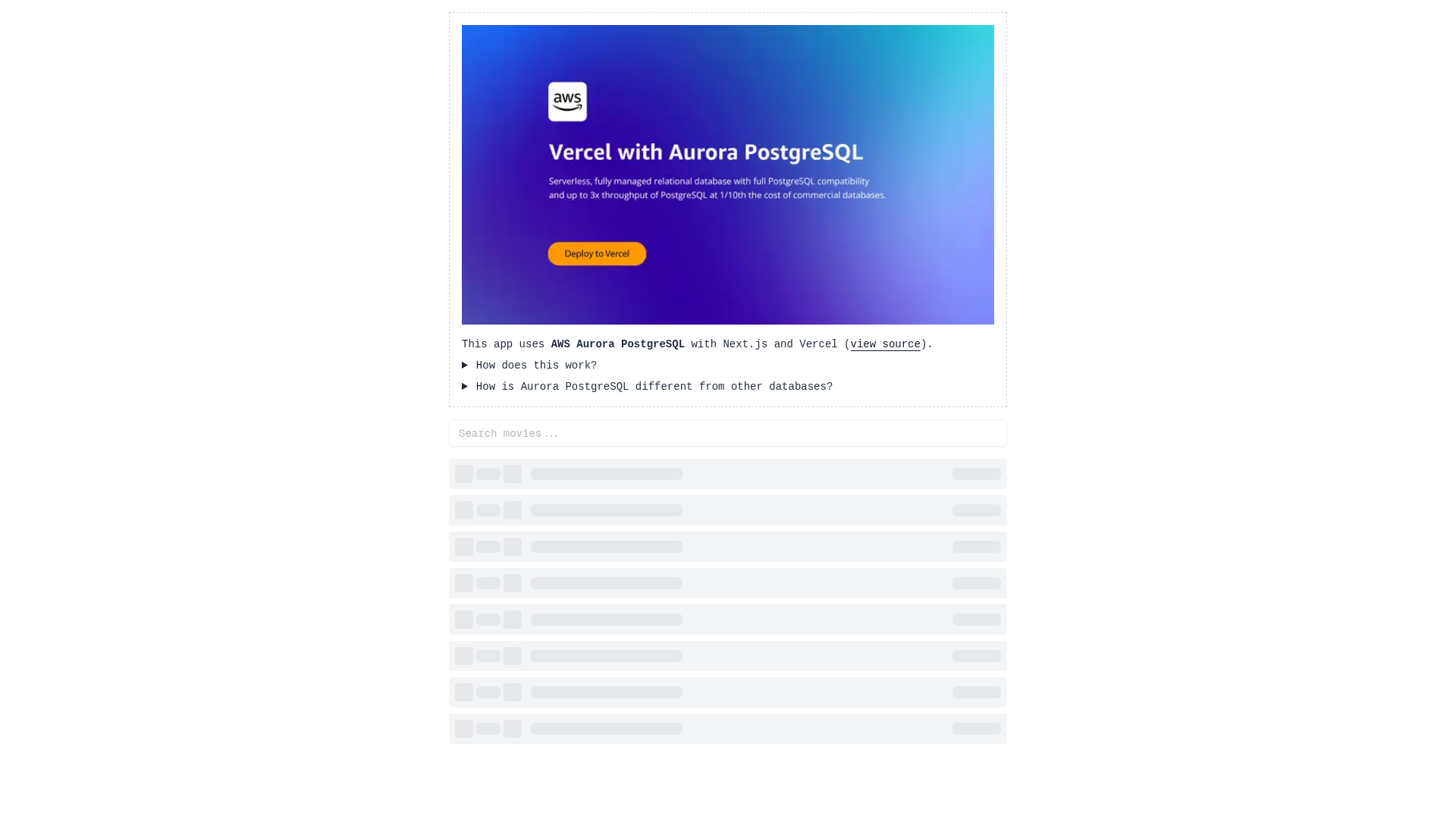 screenshot of AWS Aurora PostgreSQL Movies Demo on template0.com