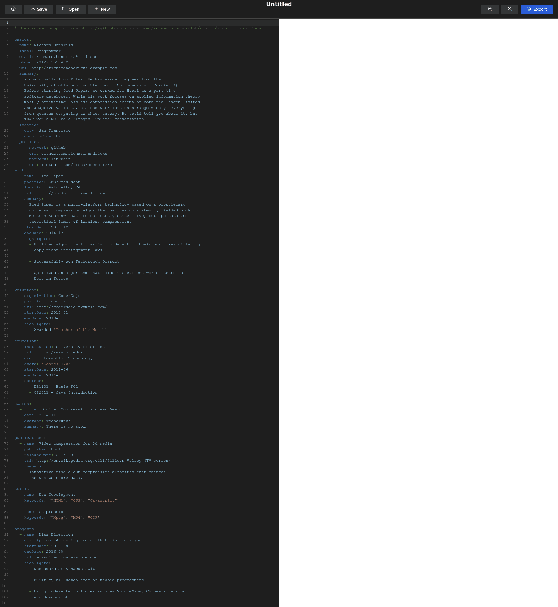 screenshot of DevResume on template0.com