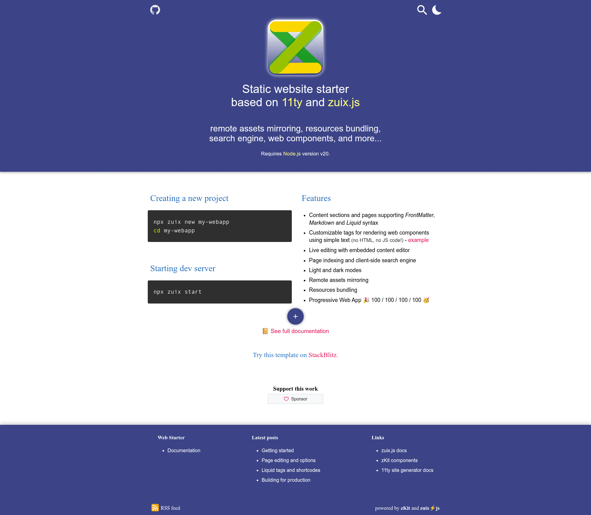 screenshot of zuix.js web starter on template0.com