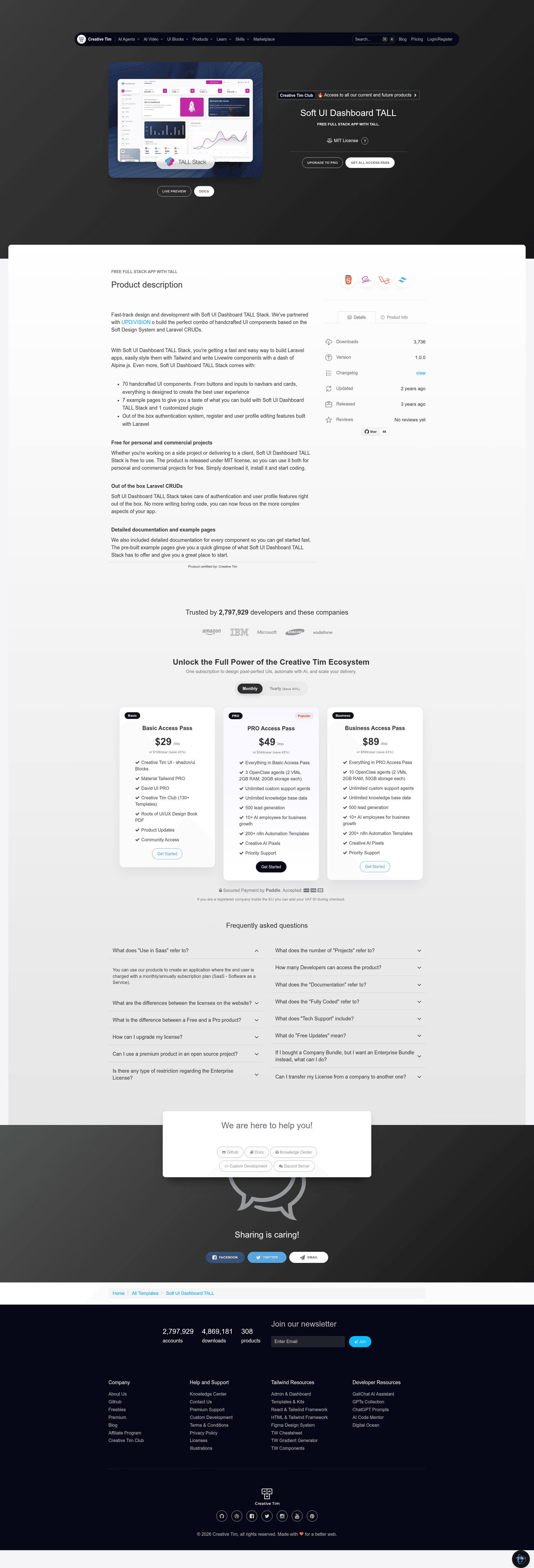 screenshot of Soft UI Dashboard TALL Free on template0.com