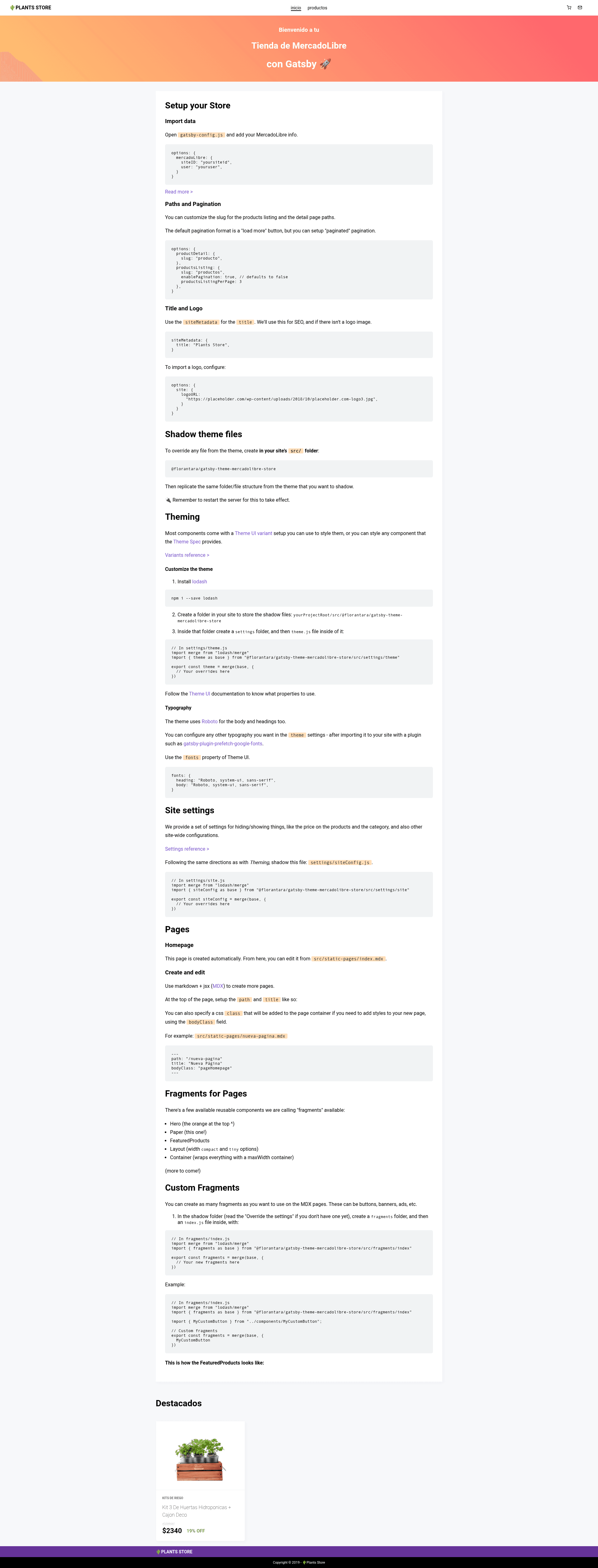 screenshot of Gatsby Theme Mercadolibre Store on template0.com