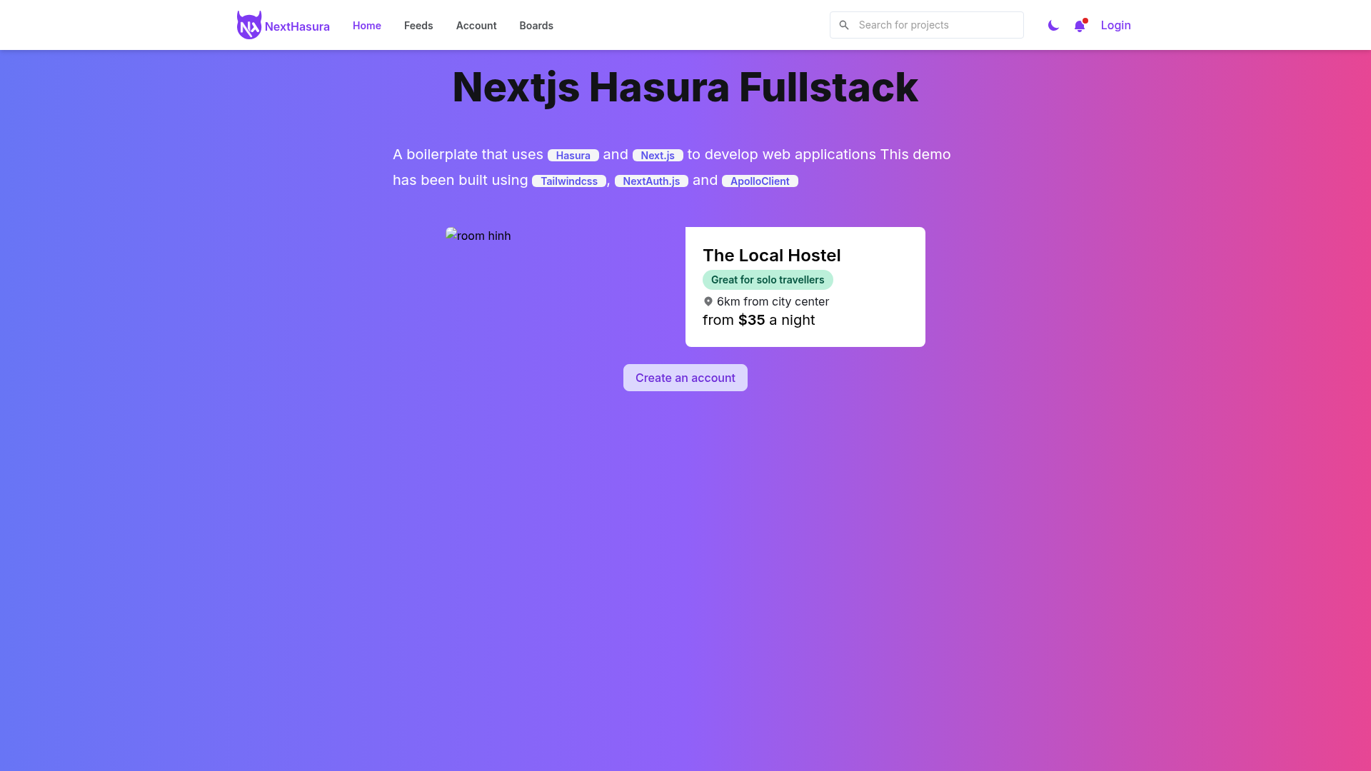 screenshot of Nextjs Hasura Fullstack on template0.com