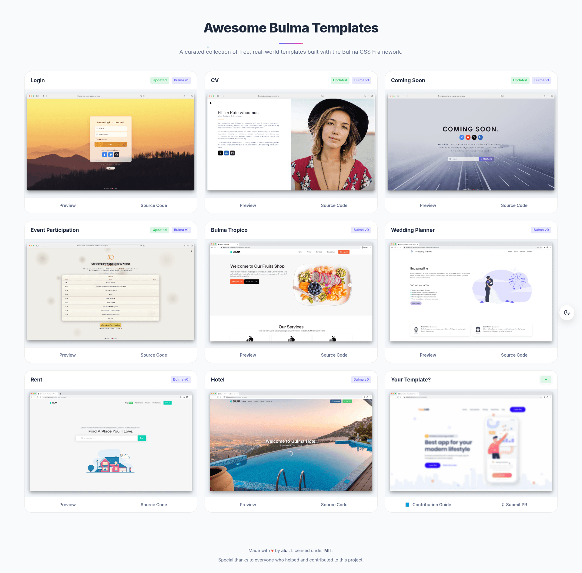 screenshot of Awesome Bulma Templates on template0.com