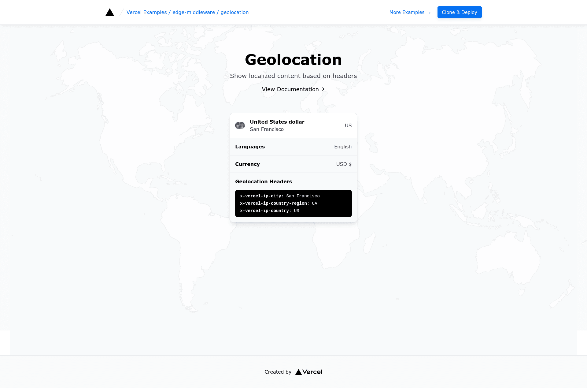 screenshot of Geolocation in Edge Middleware on template0.com