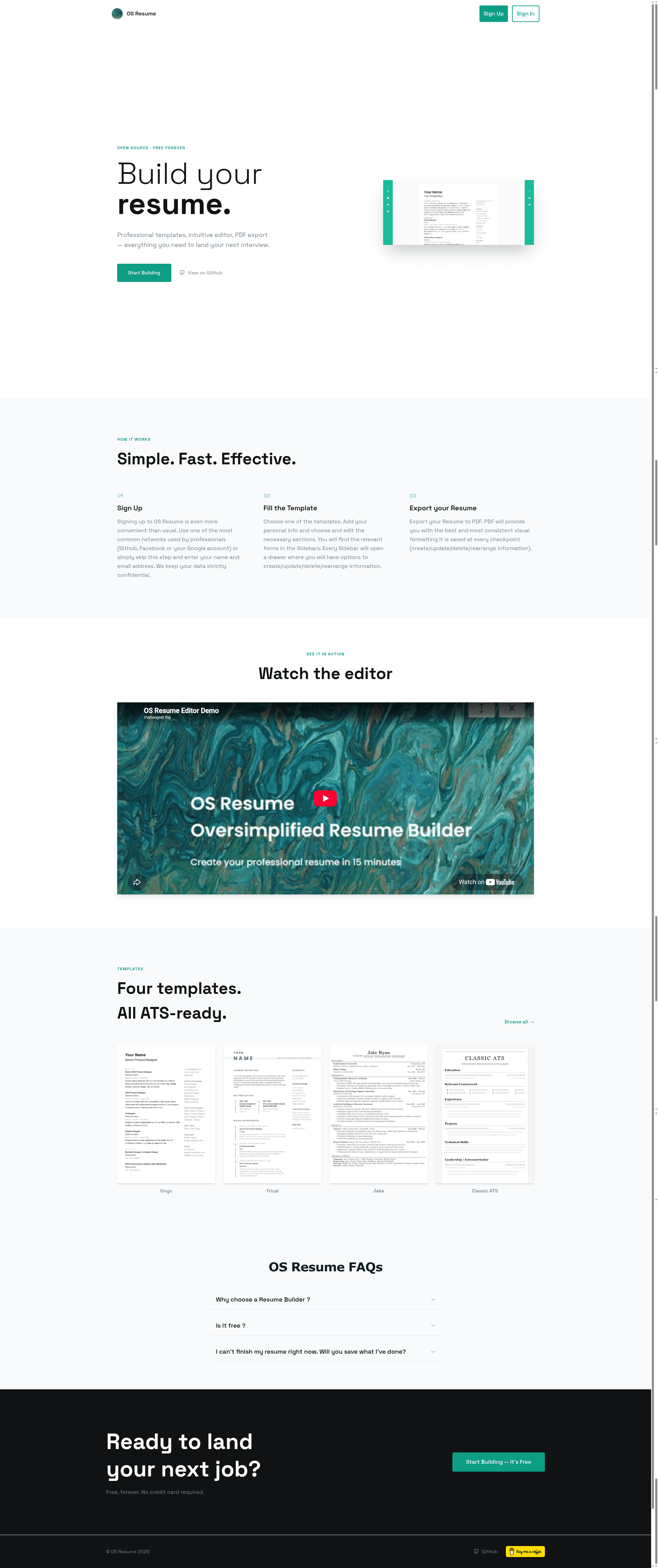 screenshot of OS Resume on template0.com