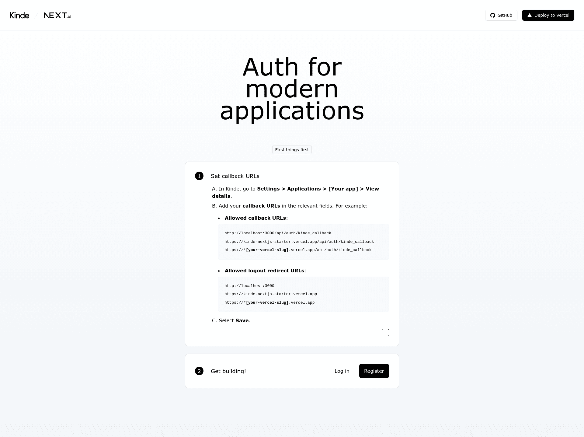 screenshot of Kinde Next.js Starter on template0.com