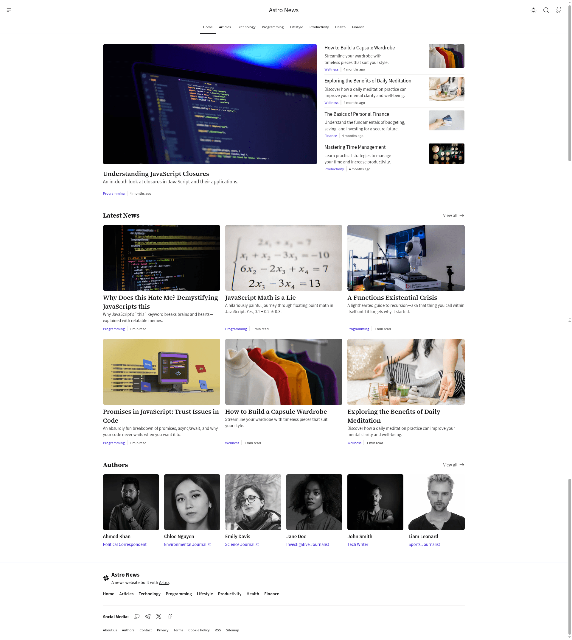 screenshot of Astro News on template0.com